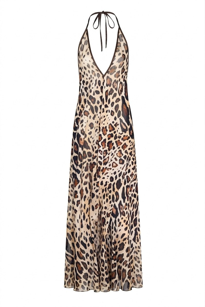 Leopard print halter neck dress on a white background