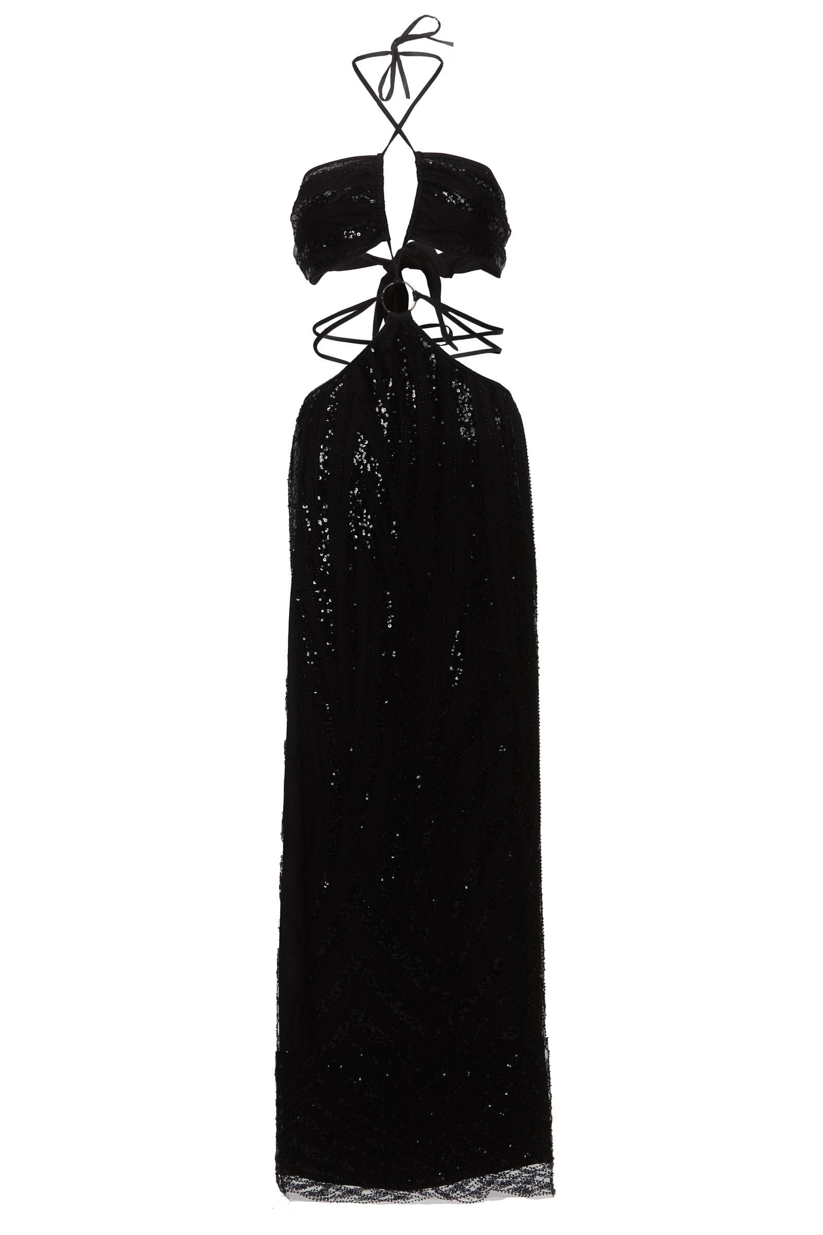 Black sequin dress on a hanger against a white background