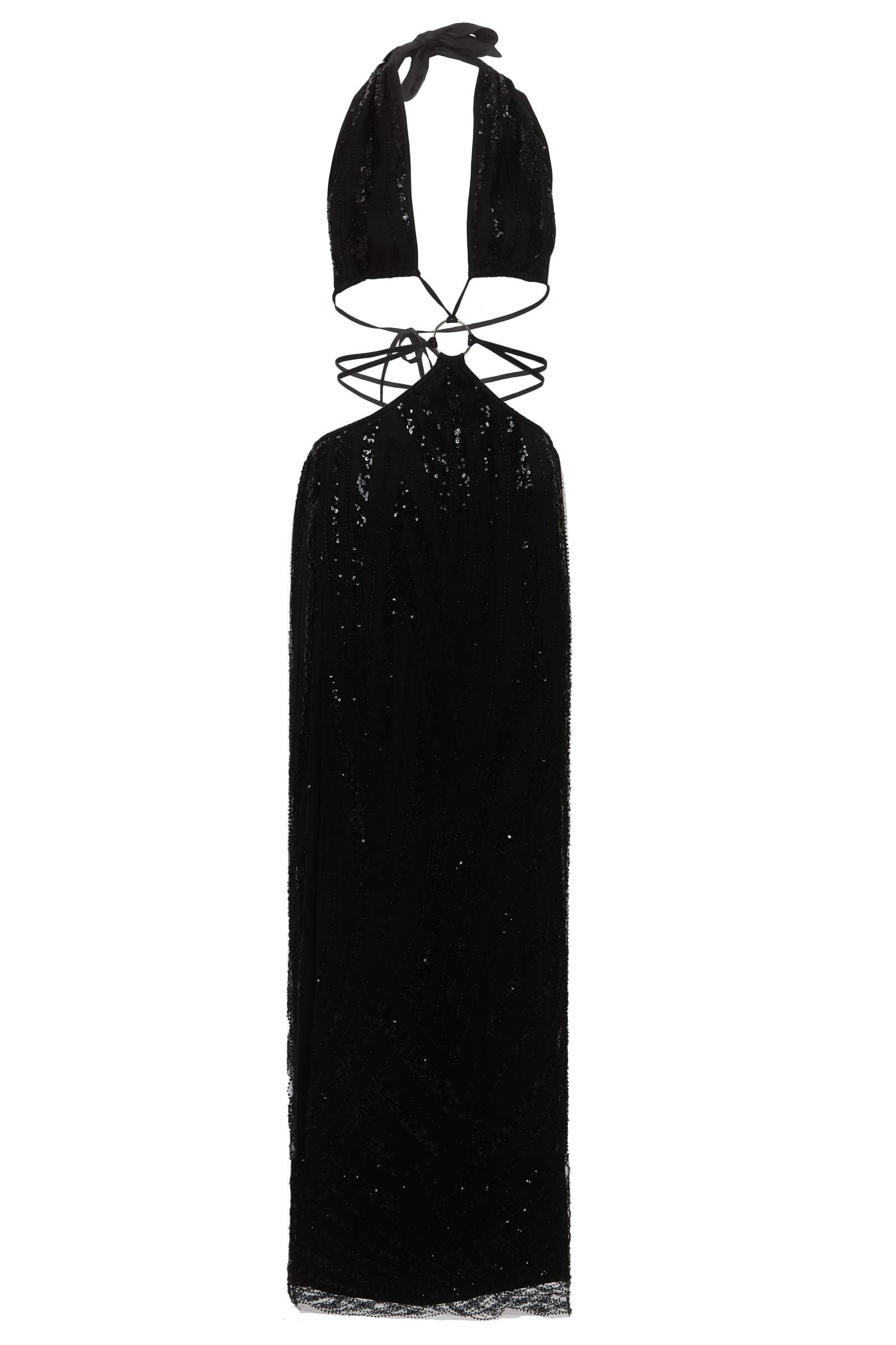Black dress with a white belt on a white background