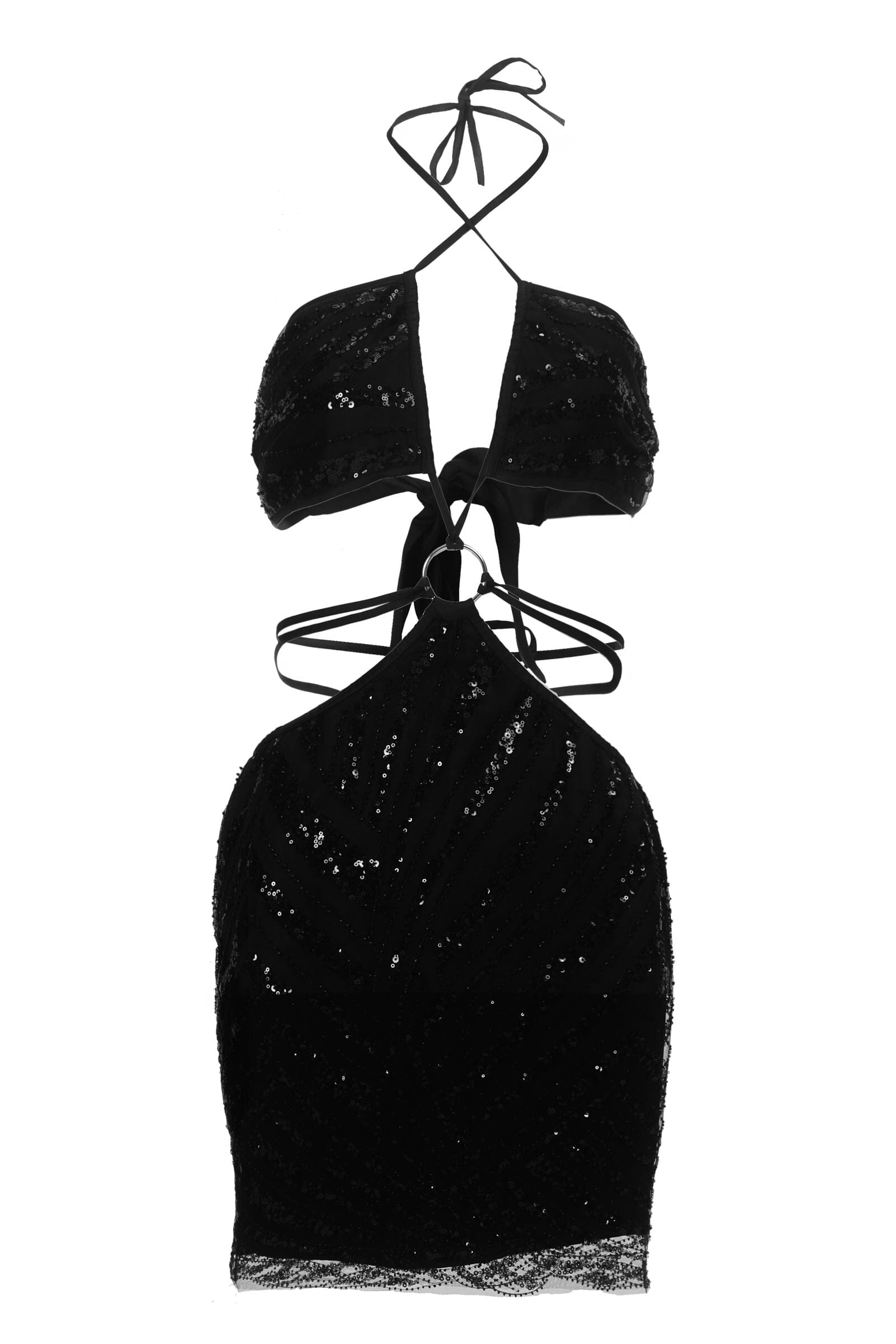 Black sequin halter top on a hanger against a white background