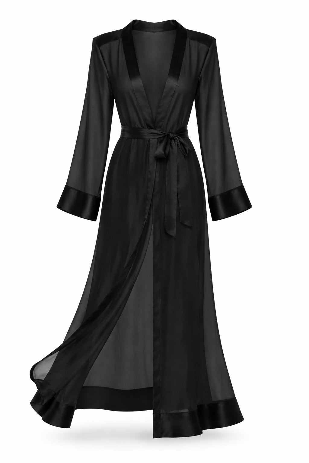 Black satin robe with sheer overlay on a white background