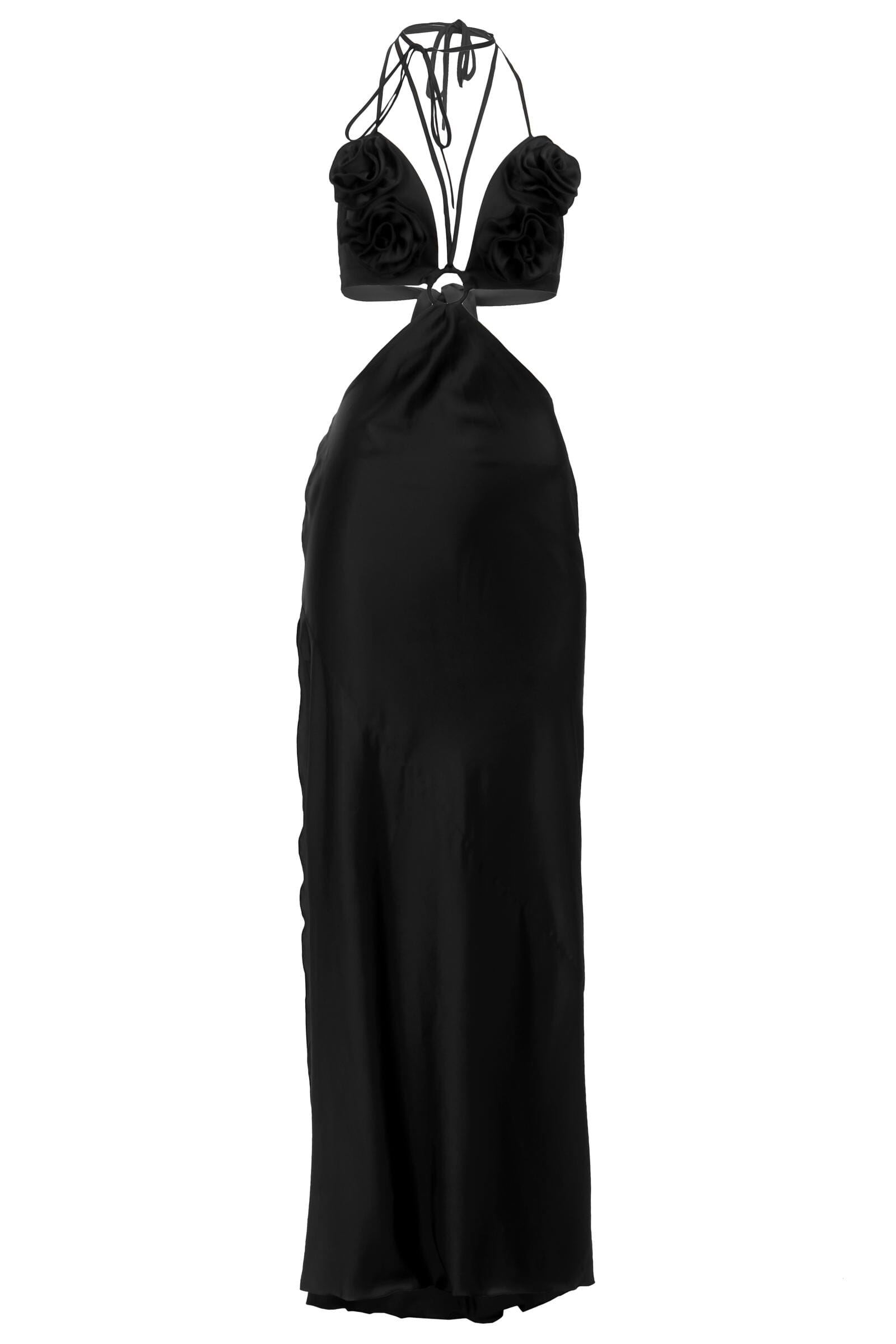 Black halter neck dress on a white background
