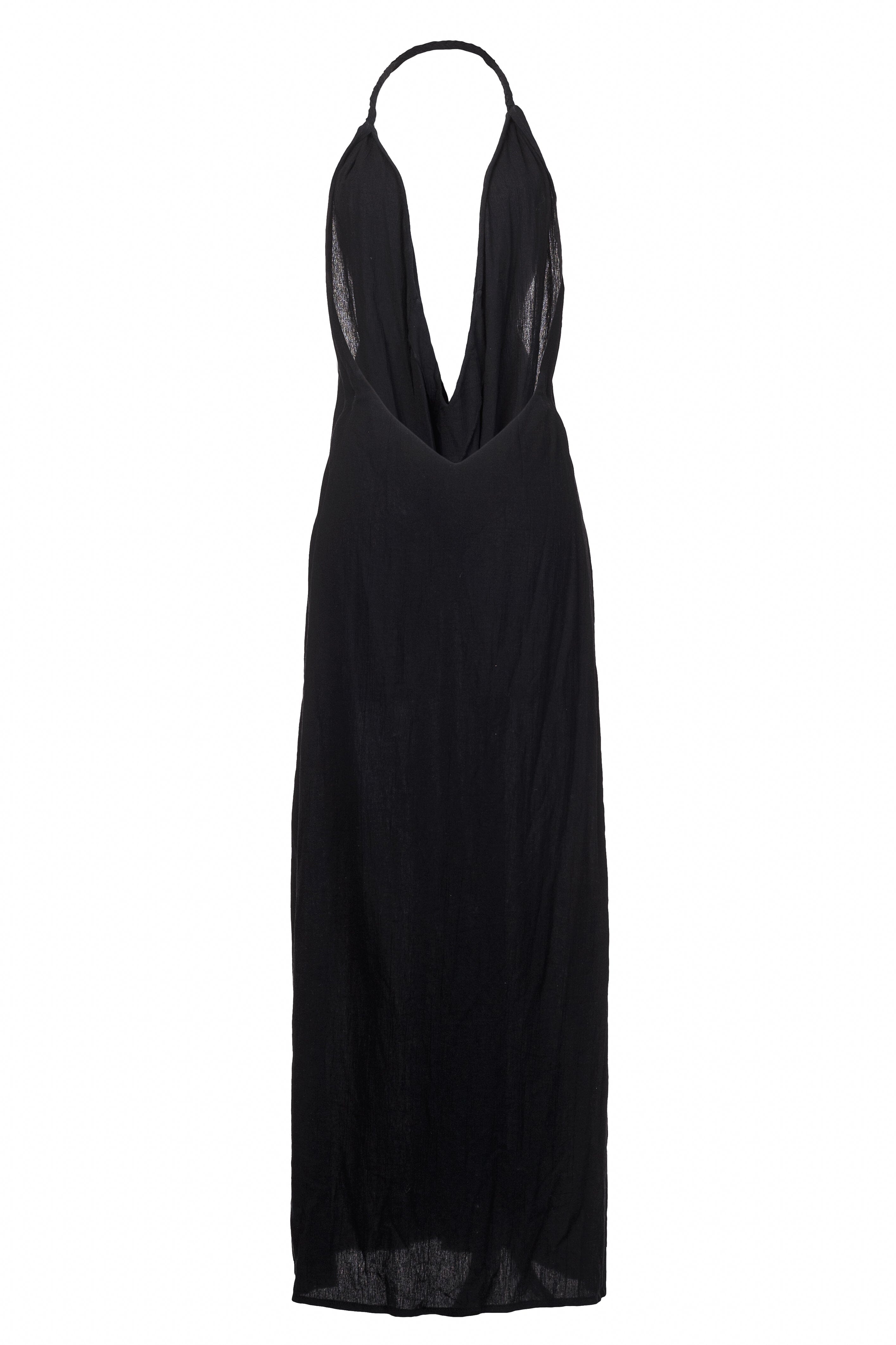Black halter neck dress on a white background