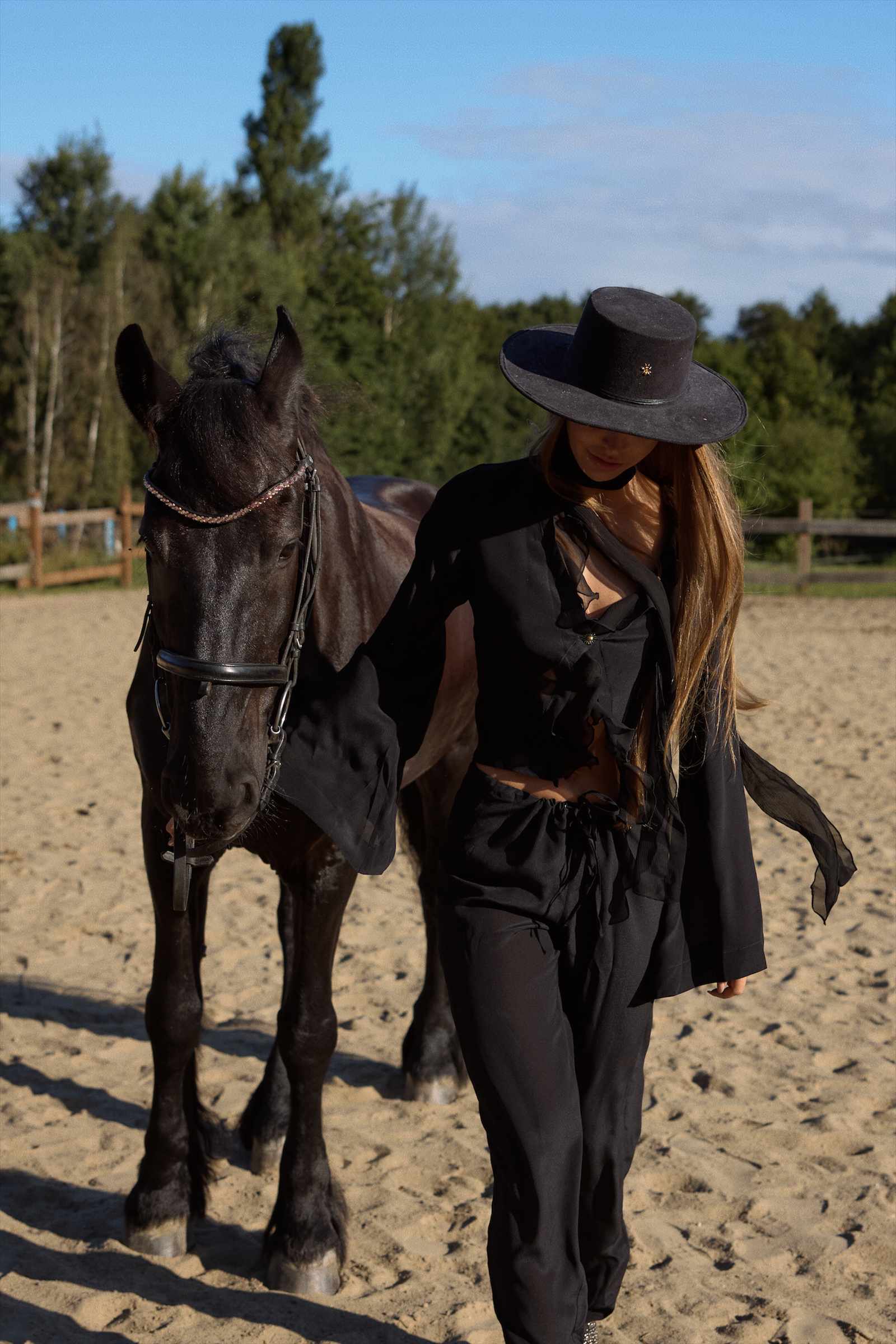 Person in black outfit walking a horse on a sandy ground with trees in the background