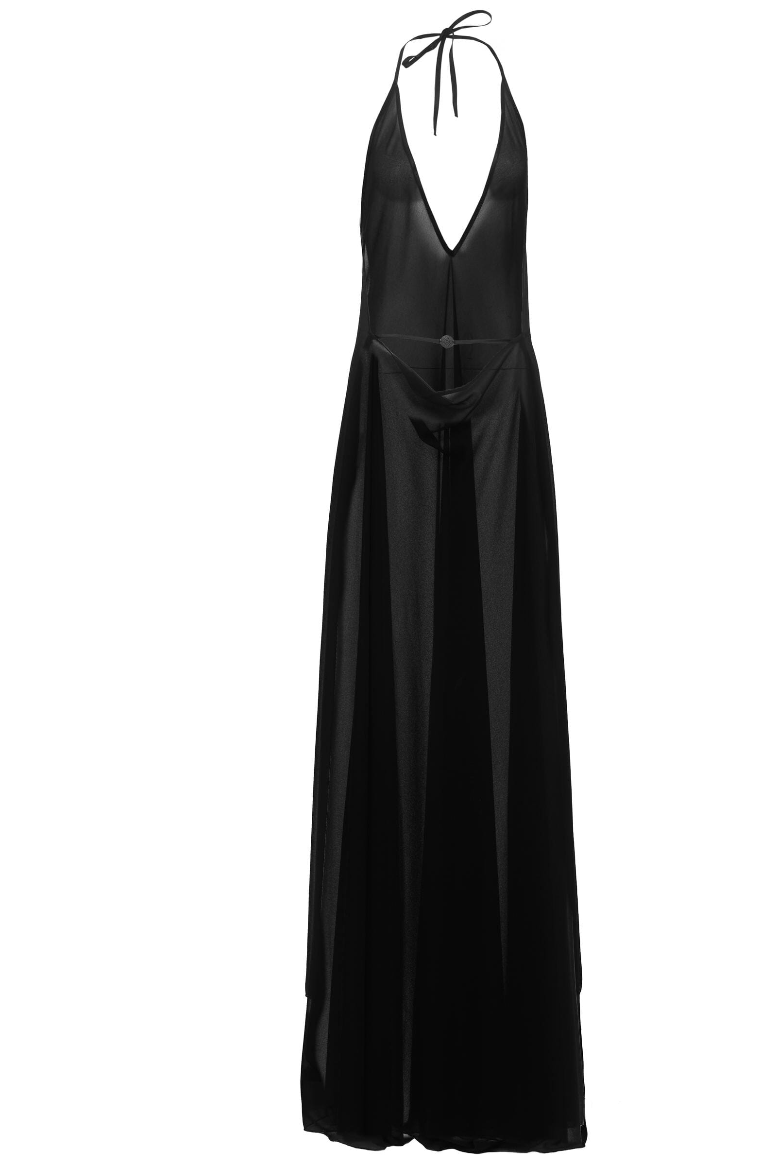 Black halter neck dress on a white background