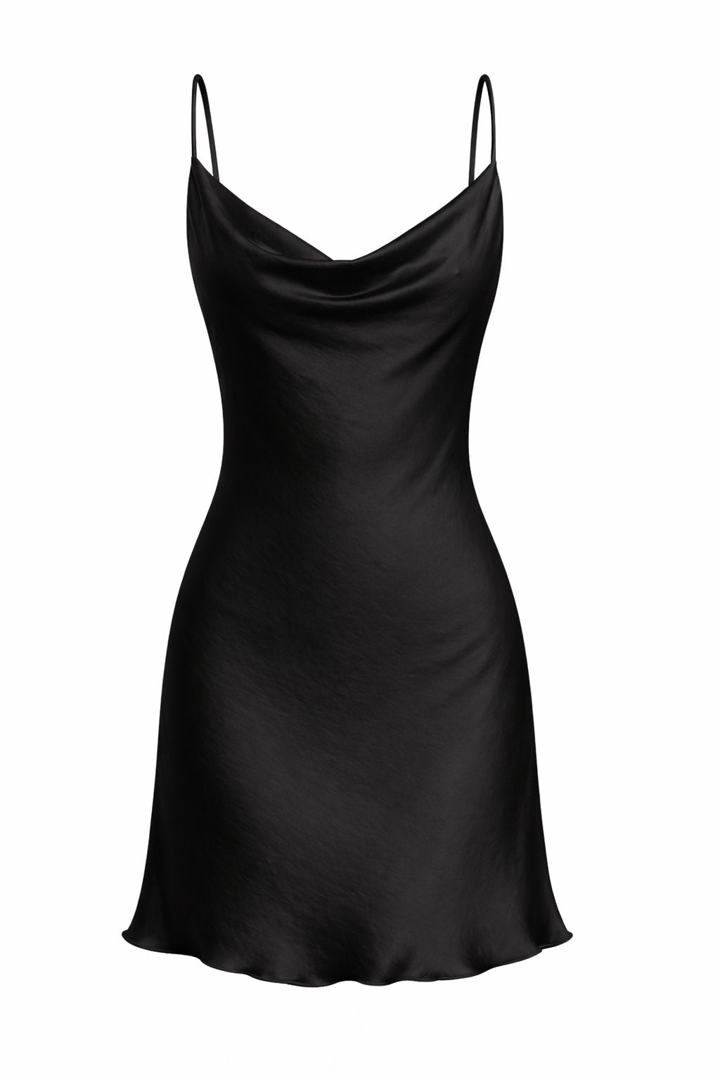 Black silky satin slip dress on a white background