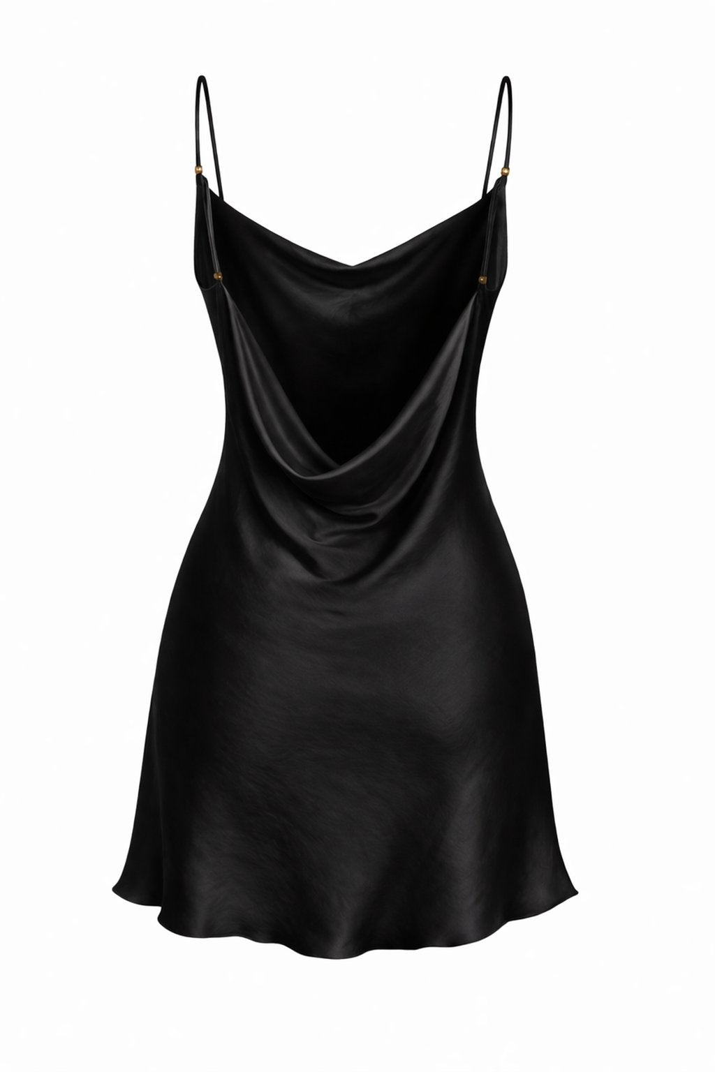 Black silky satin slip dress on a white background