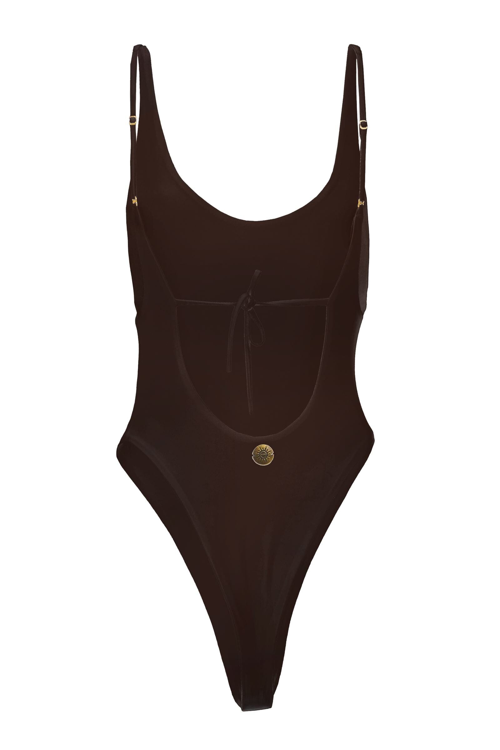 Brown swimsuit with gold accents on a white background