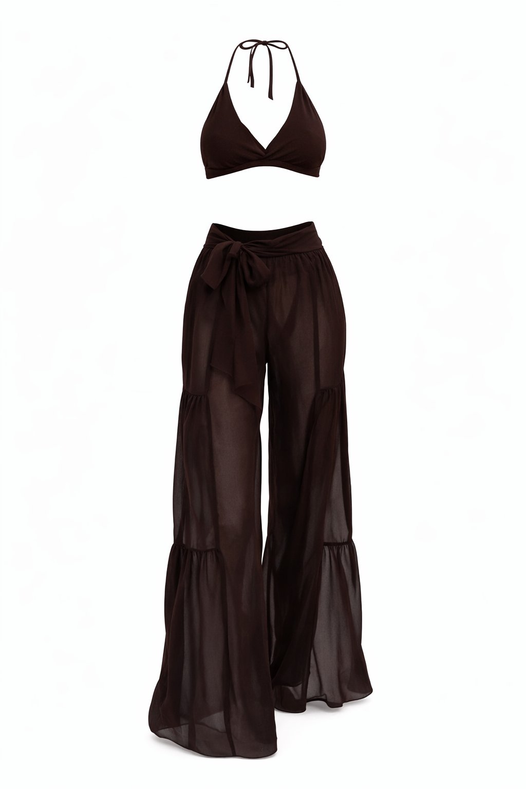 Brown halter top and wide-leg pants set on a white background
