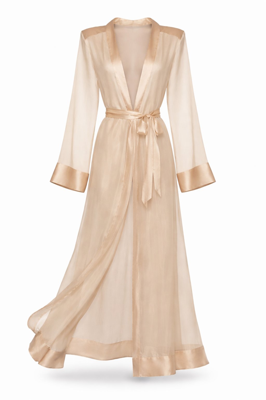 Beige sheer robe with long sleeves and a belt on a white background