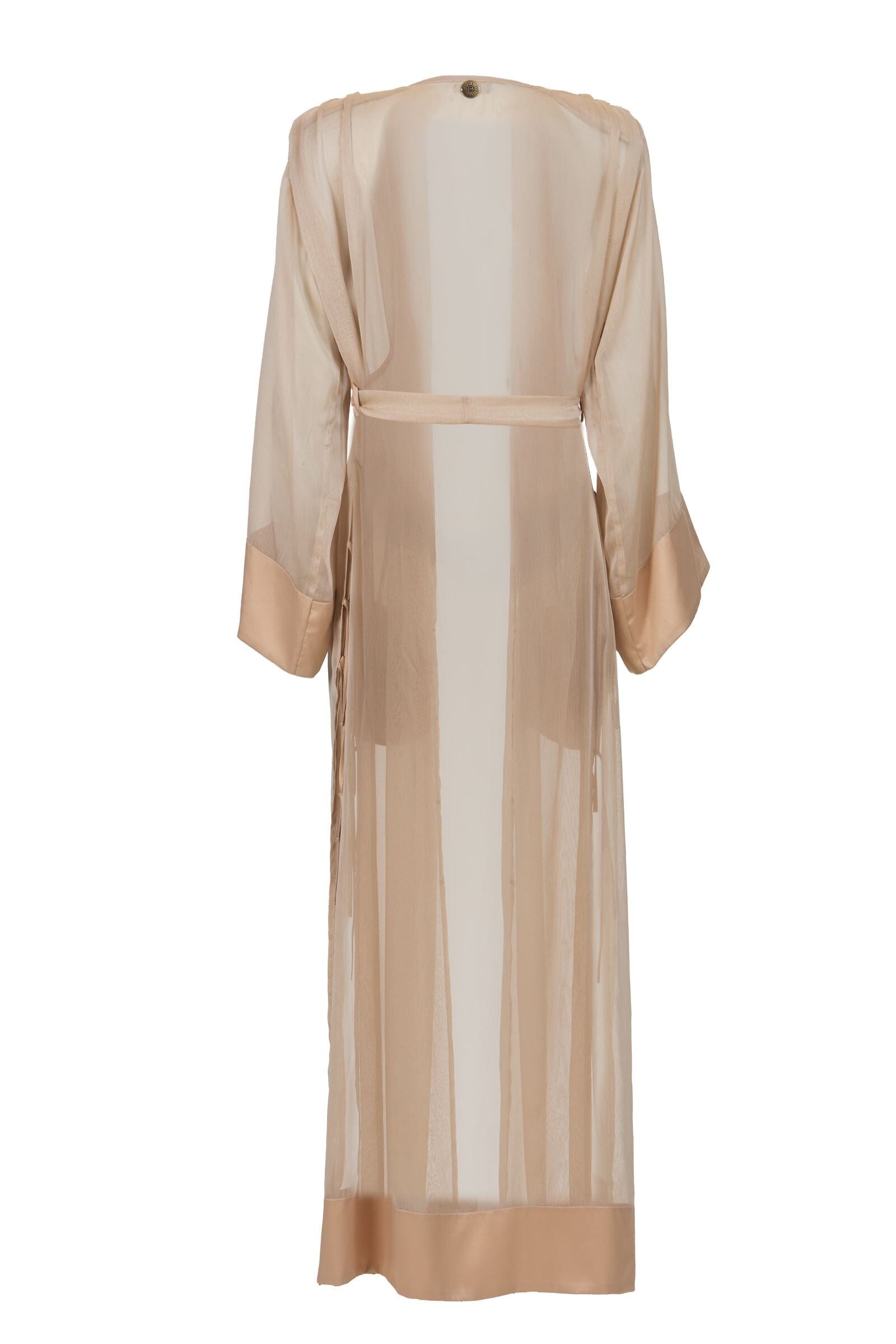 Beige sheer dress with long sleeves on a white background