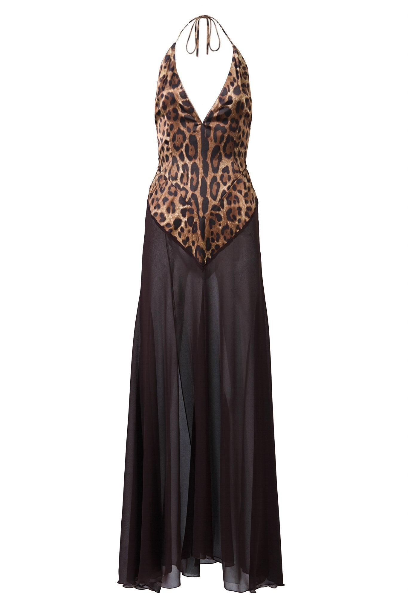 Leopard print halter top with black flowing skirt on a white background