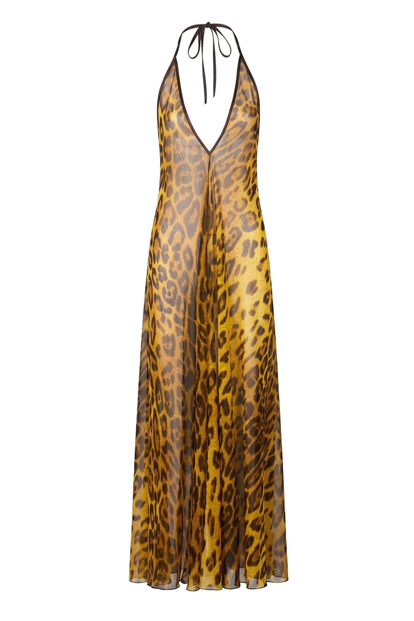 Leopard print halter neck dress on a white background
