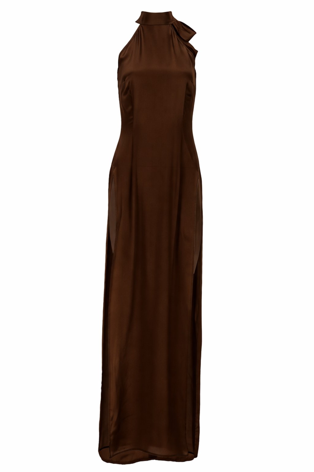 Brown halter neck dress on a white background