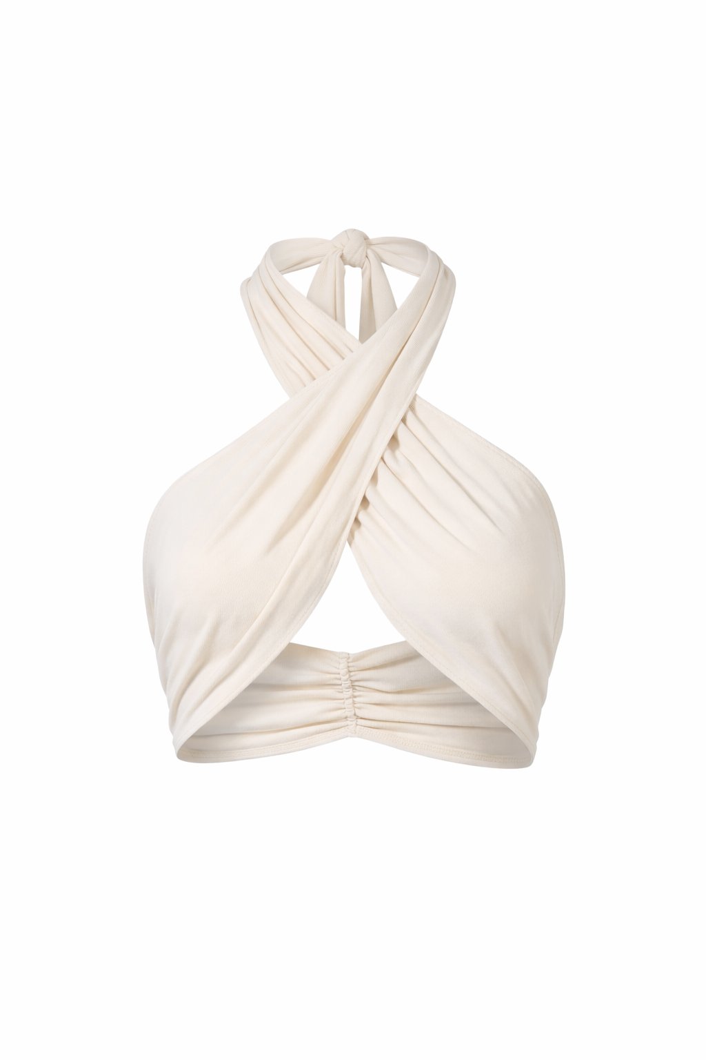 White bandeau top with criss-cross design on a white background