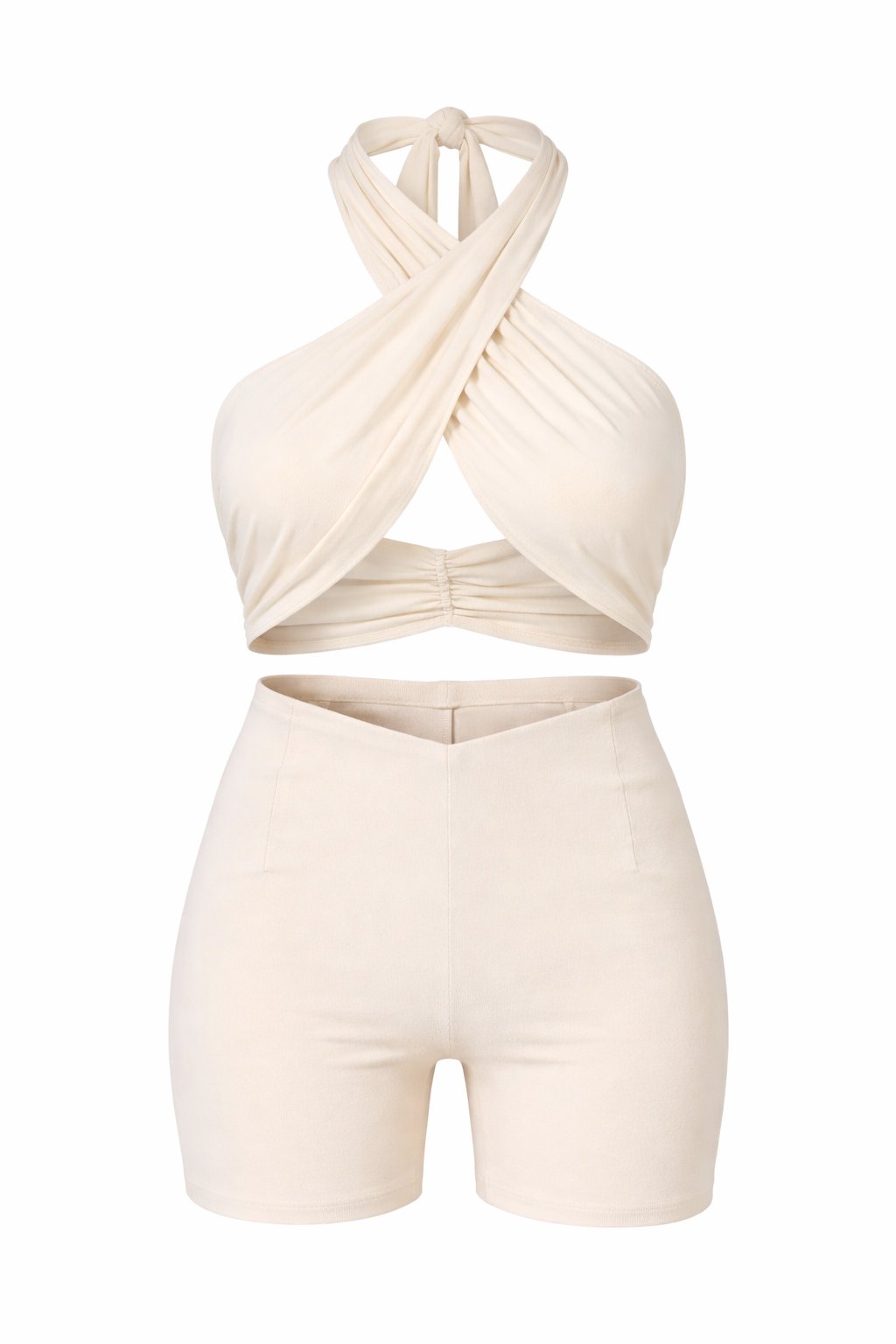 Beige set with a halter top and high-waisted shorts on a white background