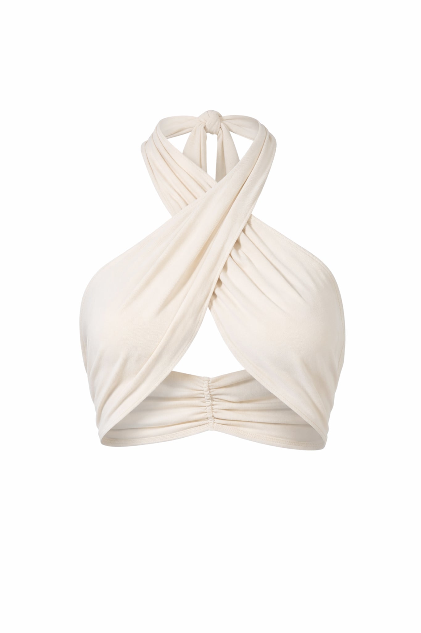 White halter neck top with criss-cross design on a white background