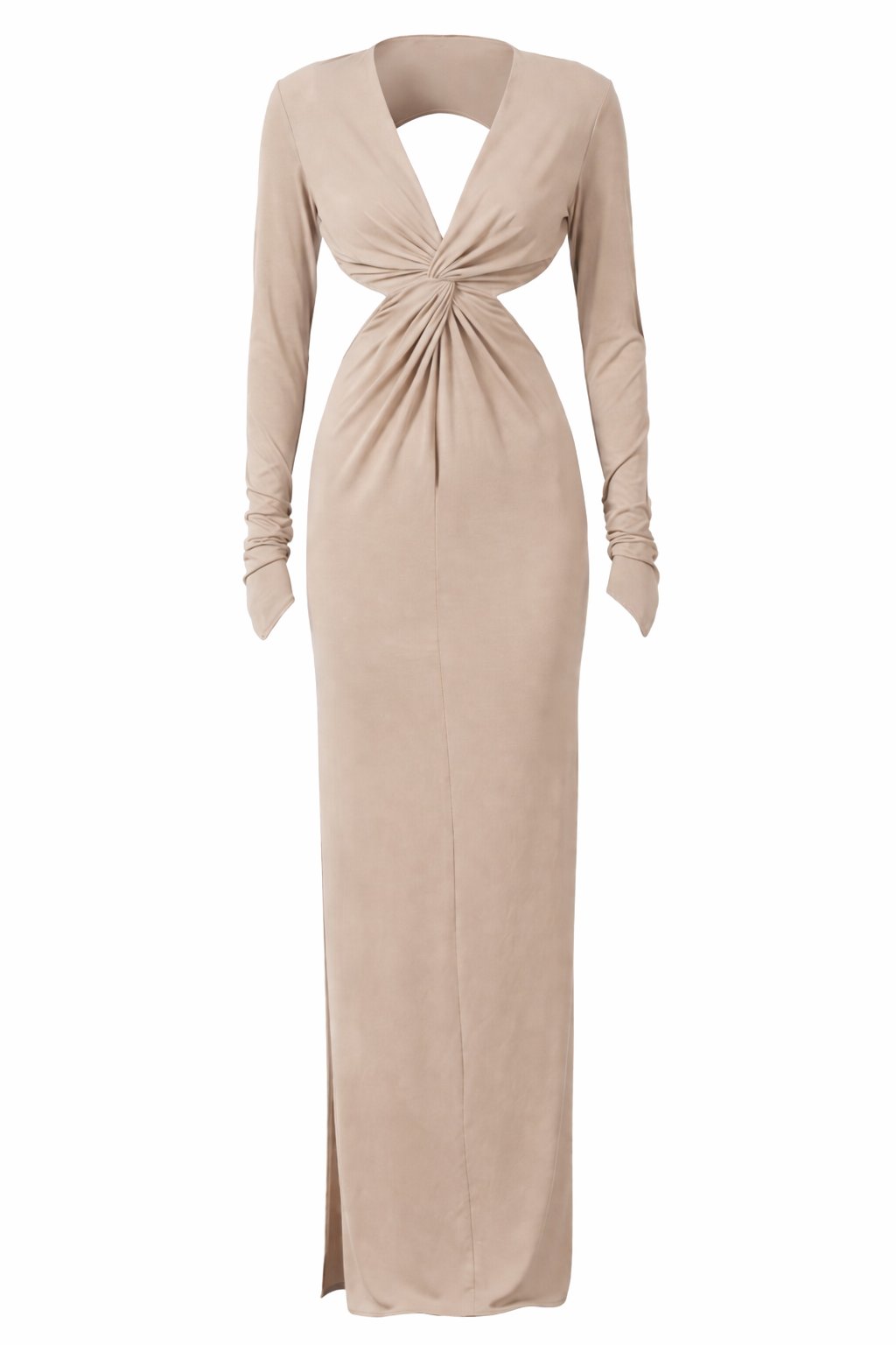 Beige long-sleeve dress with a knot detail on a white background