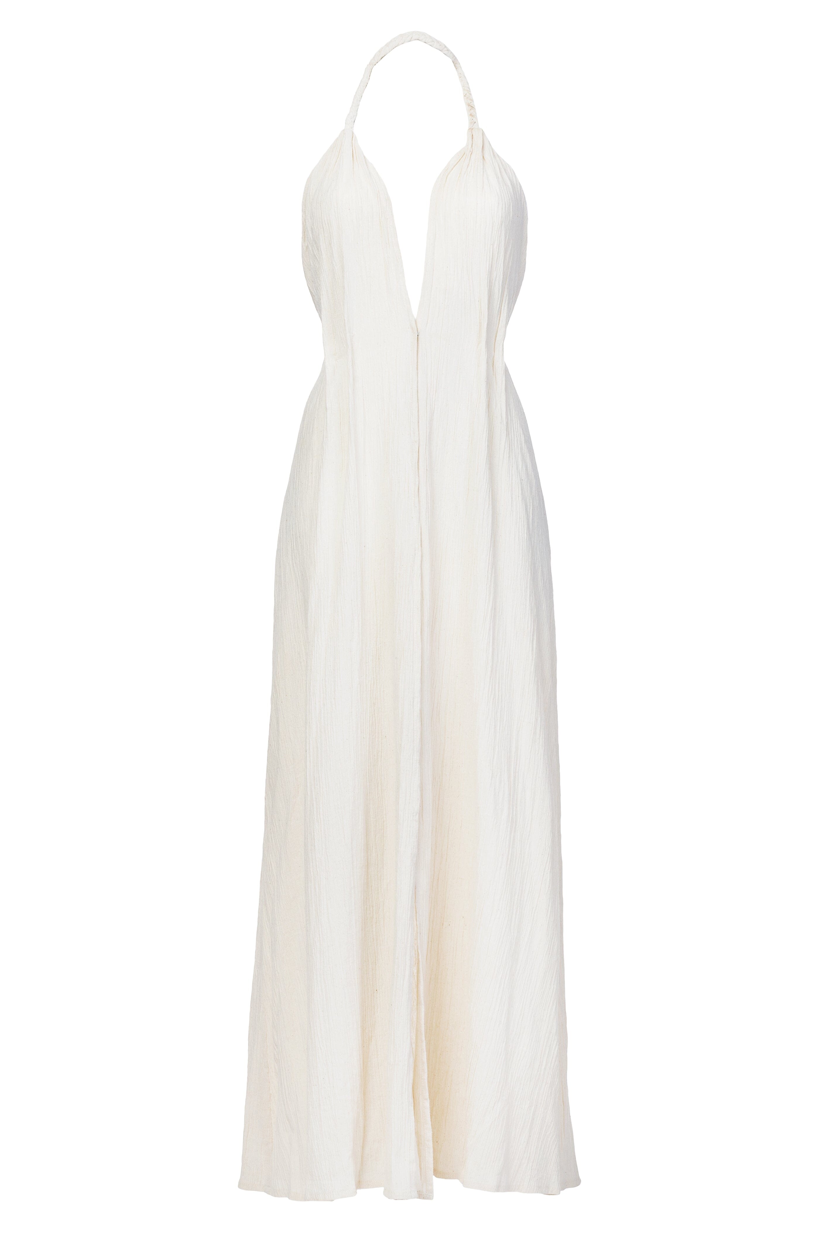 Ecru halter neck dress on a white background