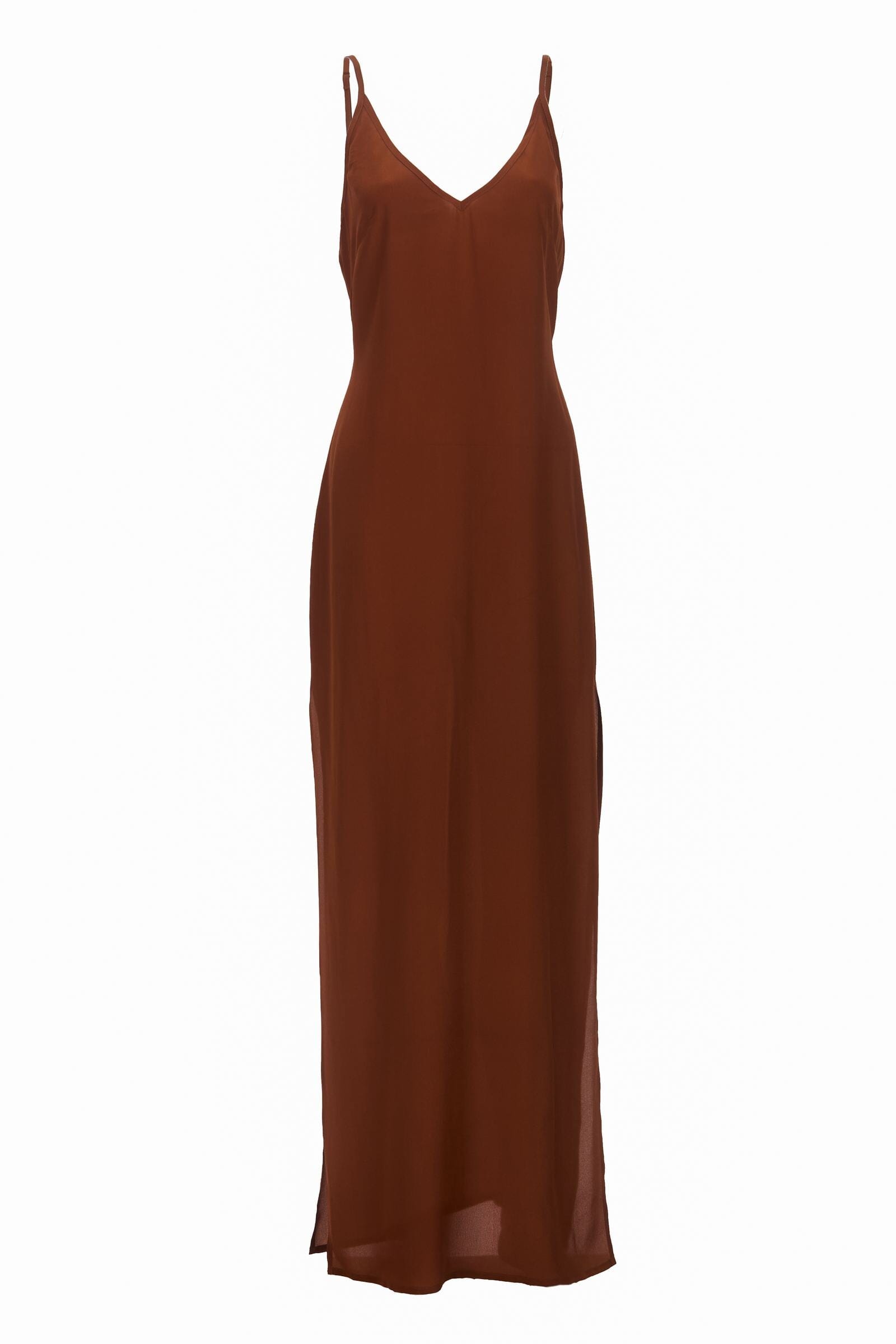 Brown slip dress on a white background
