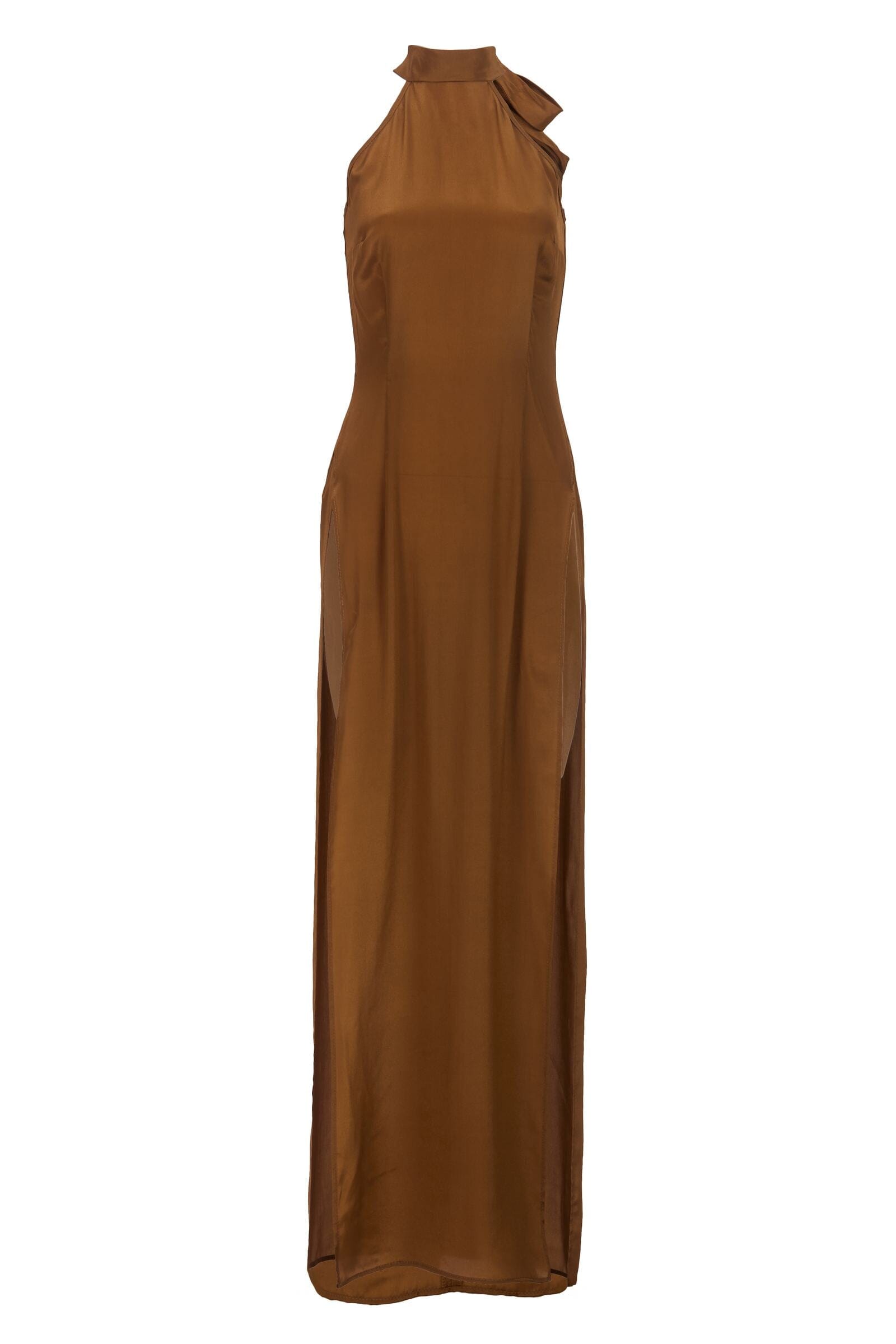 Brown halter neck dress on a white background