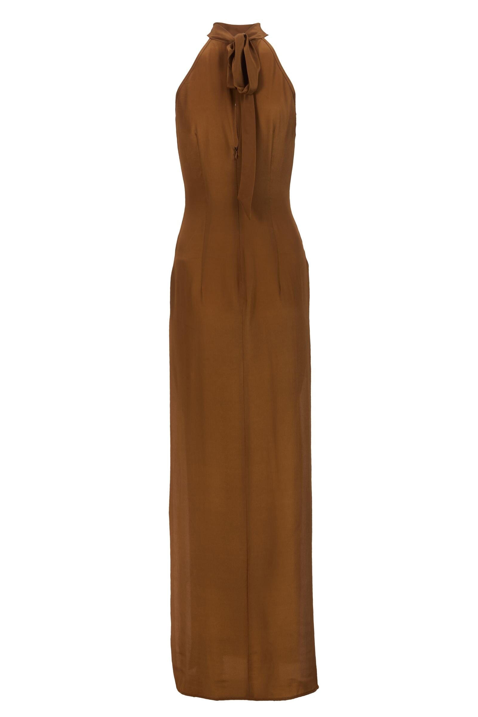 Brown halter neck dress on a white background