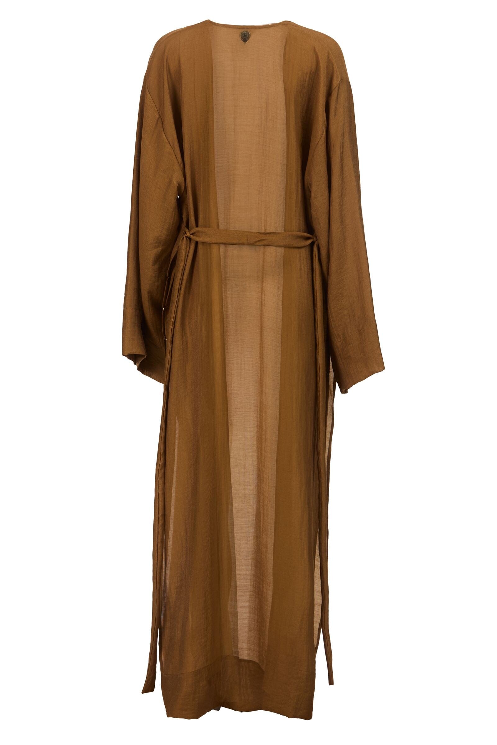 Gold long-sleeve dress with a belt on a white background