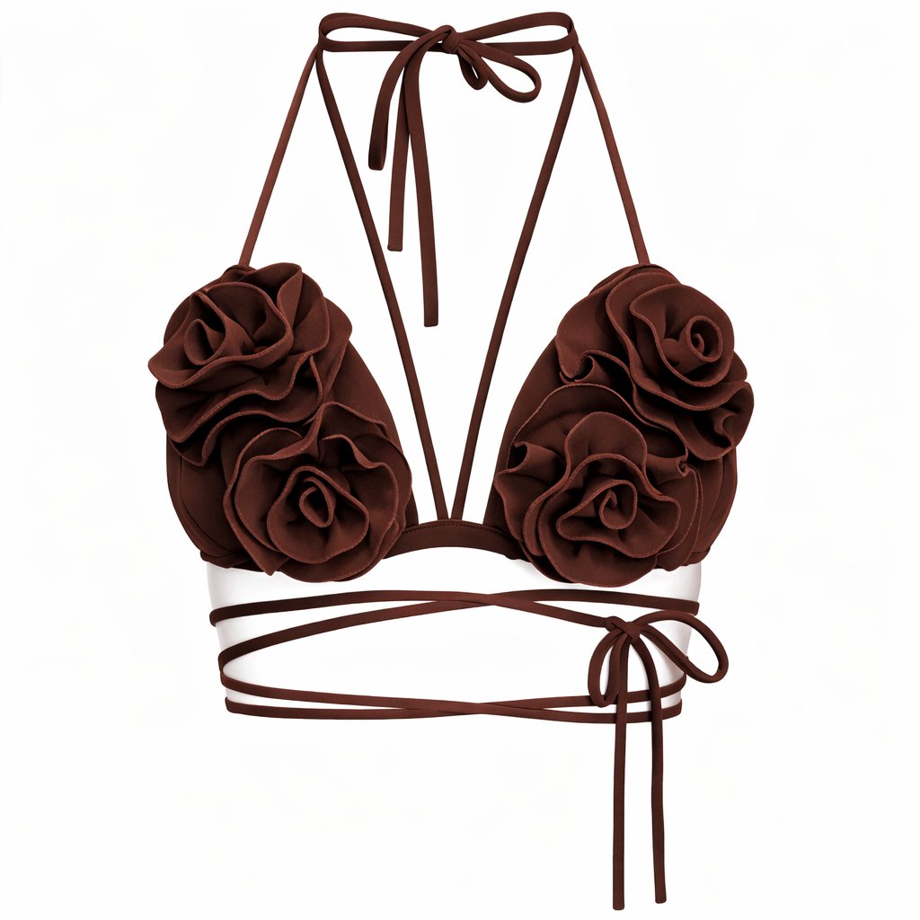 Brown floral top with strings on a white background