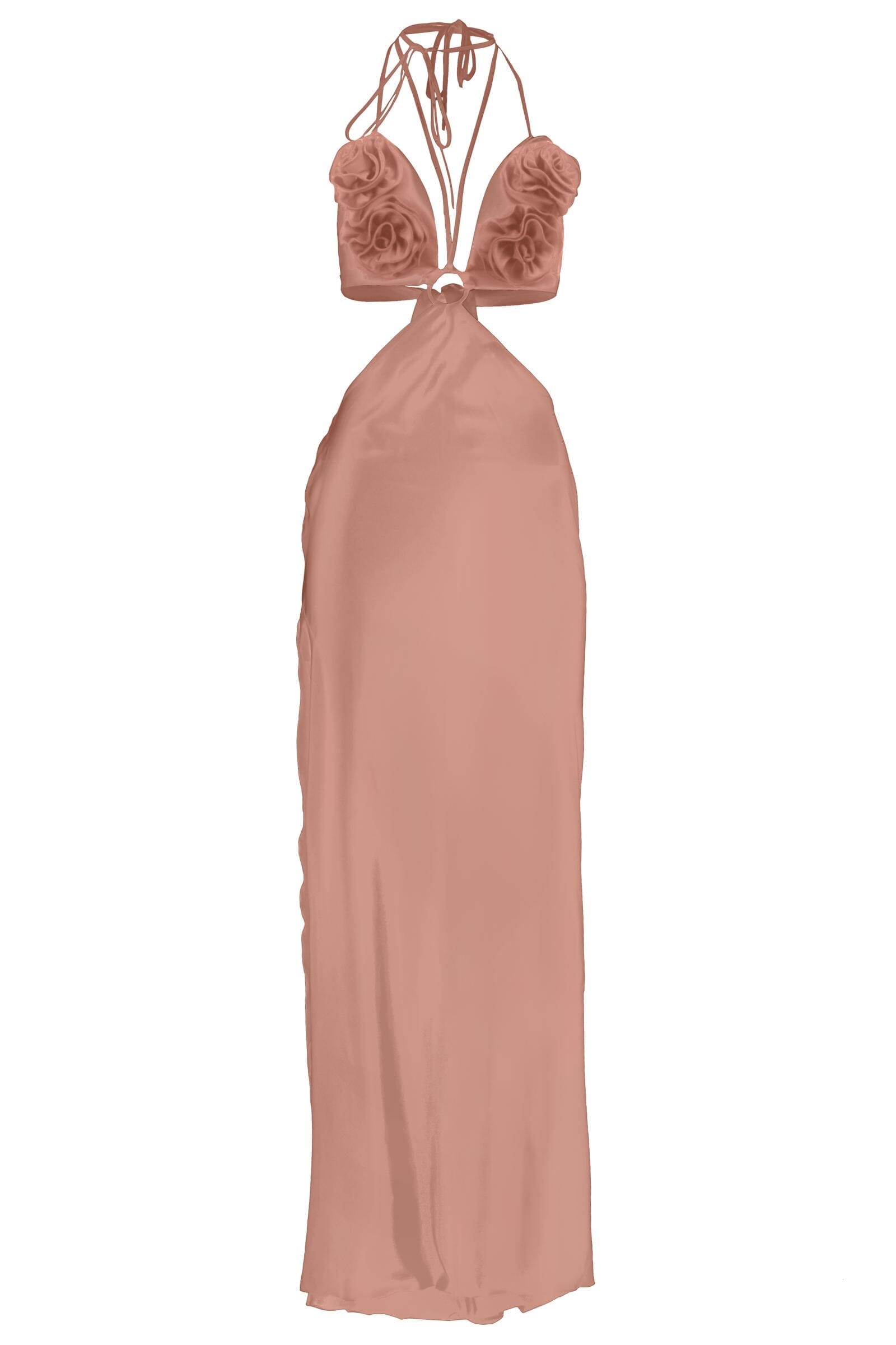 Pink halter neck dress with floral details on a white background