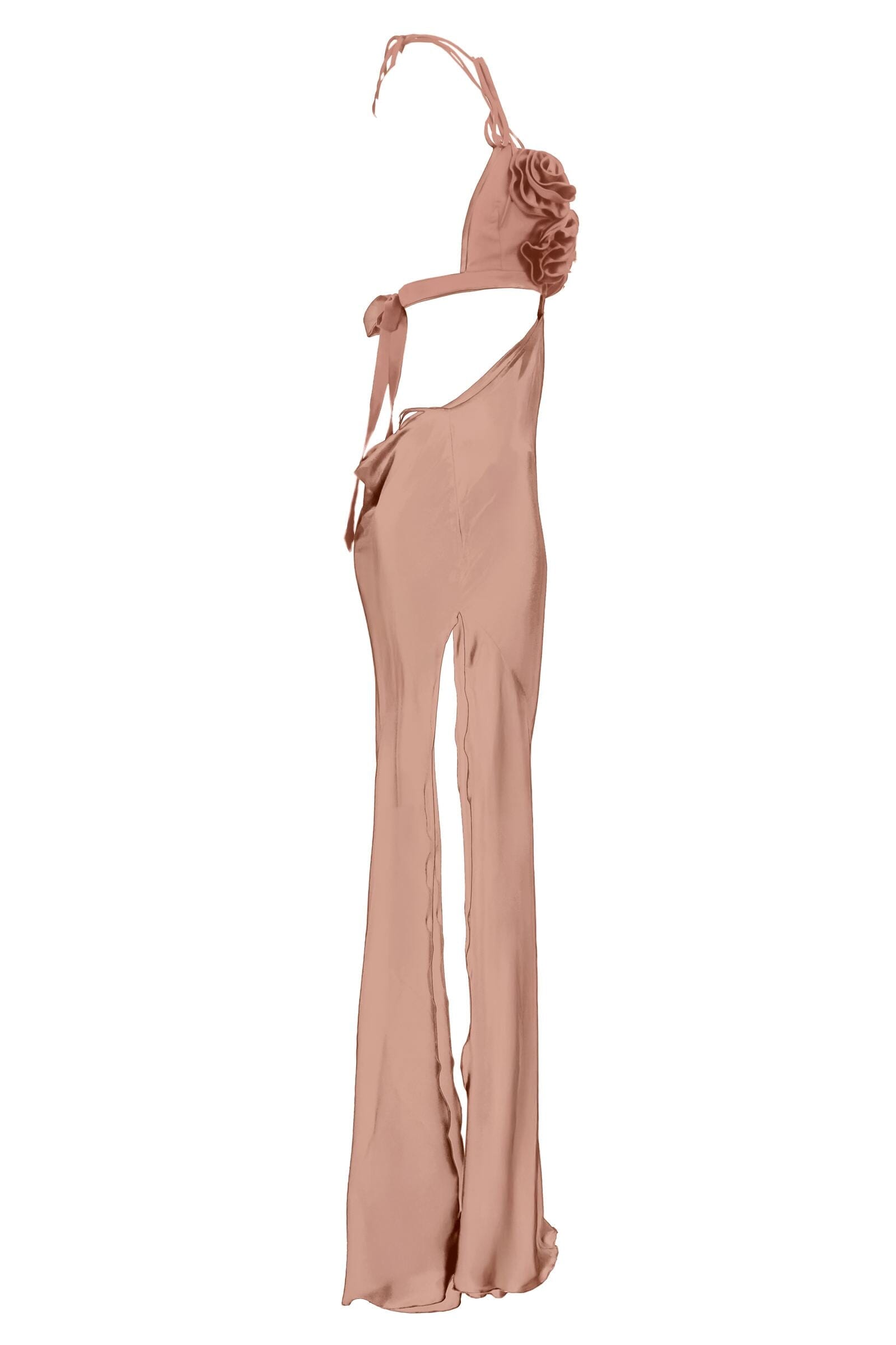 Nude-colored halter top and high-waisted pants with floral detail on a white background