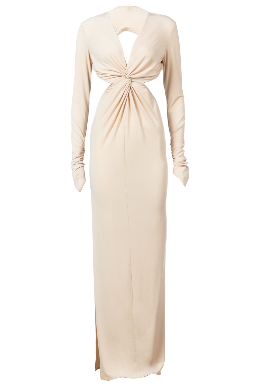 Beige evening gown with long sleeves on a white background
