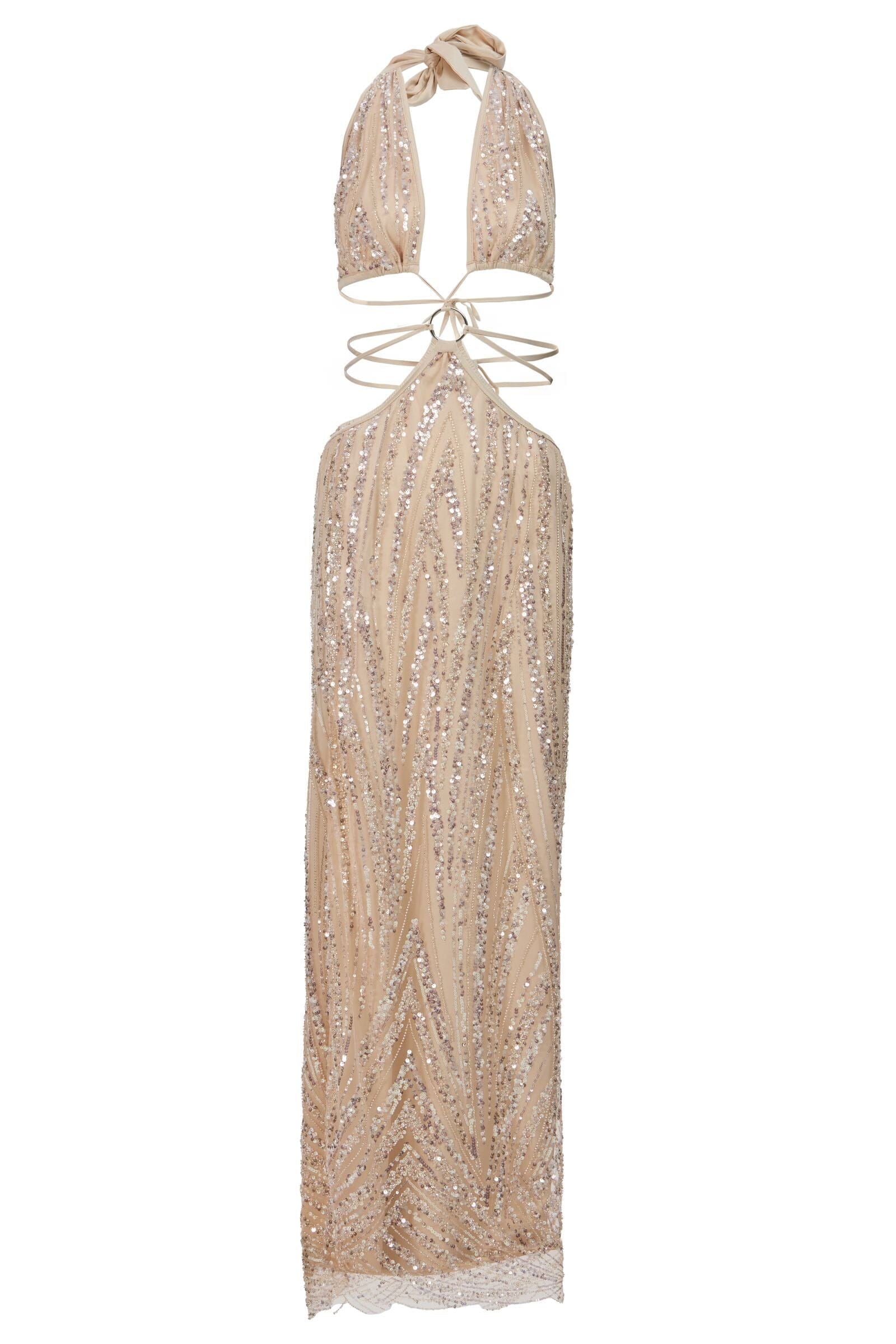 Beige sequin halter top with lace trim on a white background