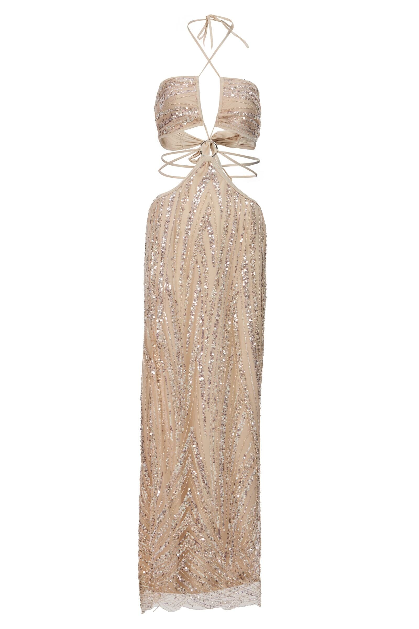 Beige sequin halter neck dress on a white background