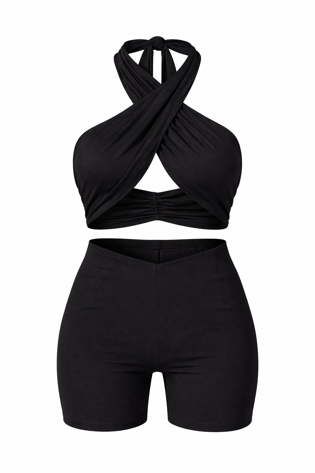Black two-piece set with a halter top and high-waisted shorts on a white background