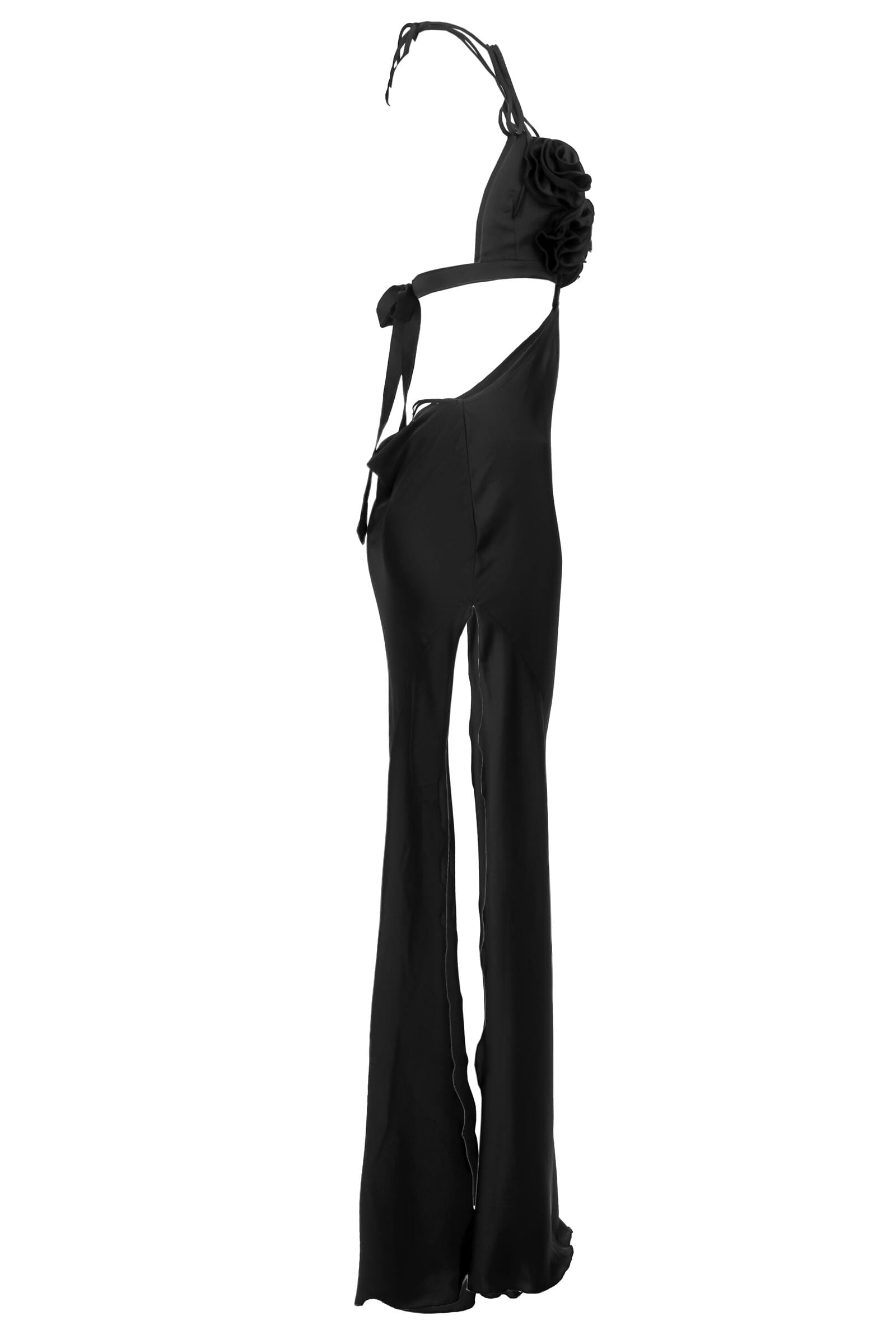 Black outfit with a top and pants on a white background