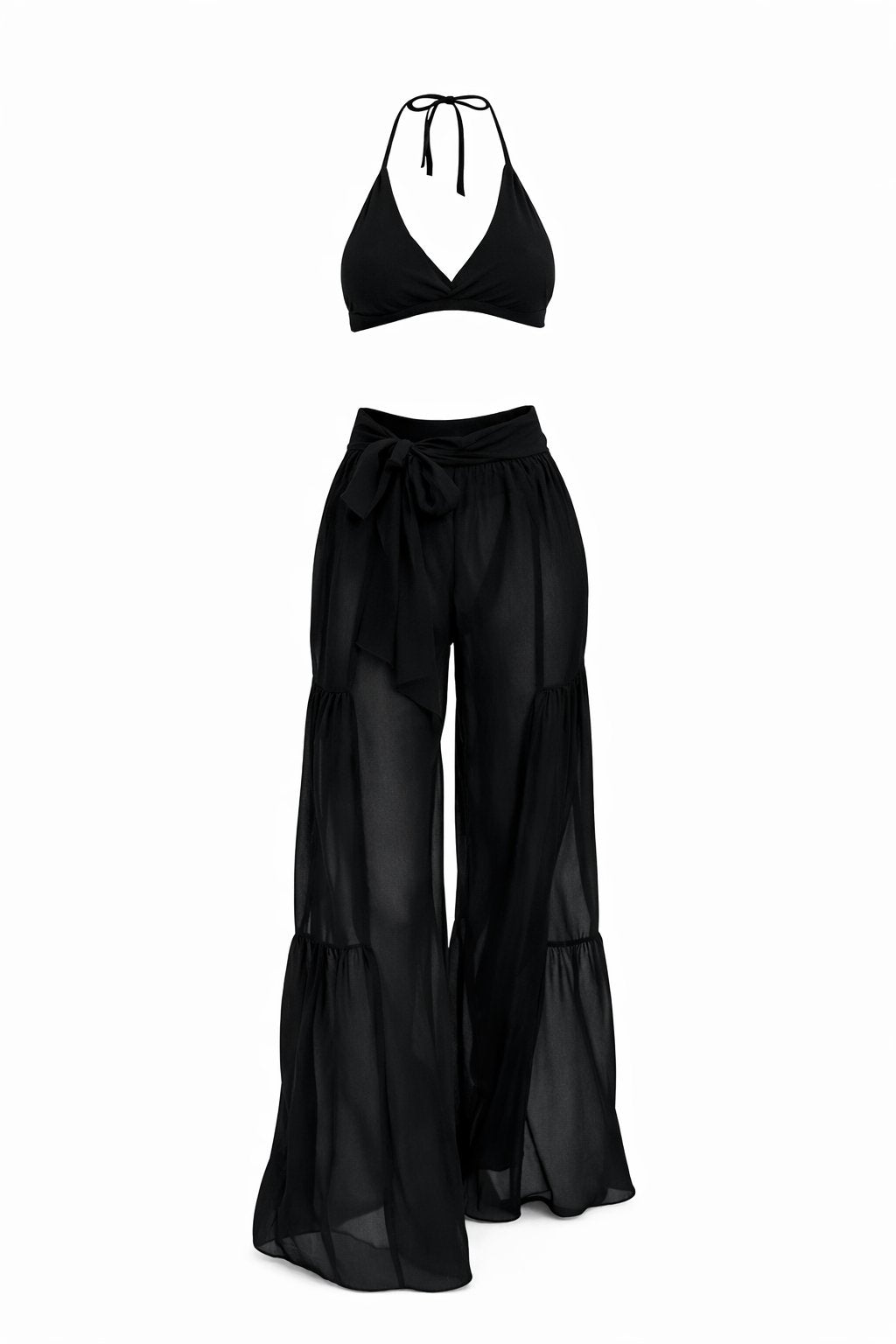 Black halter top and wide-leg pants set on a white background