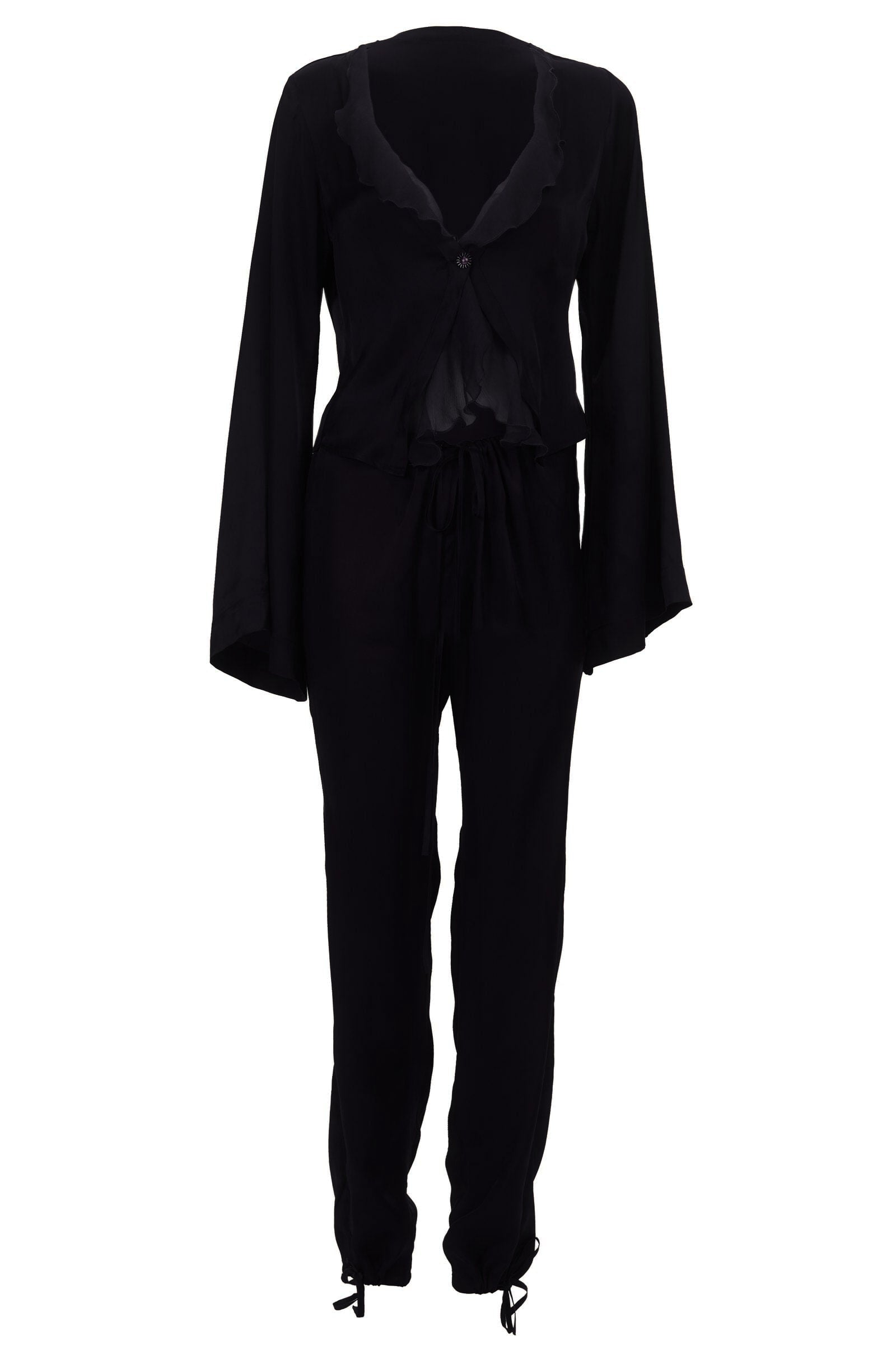 Black suit jacket and pants on a white background