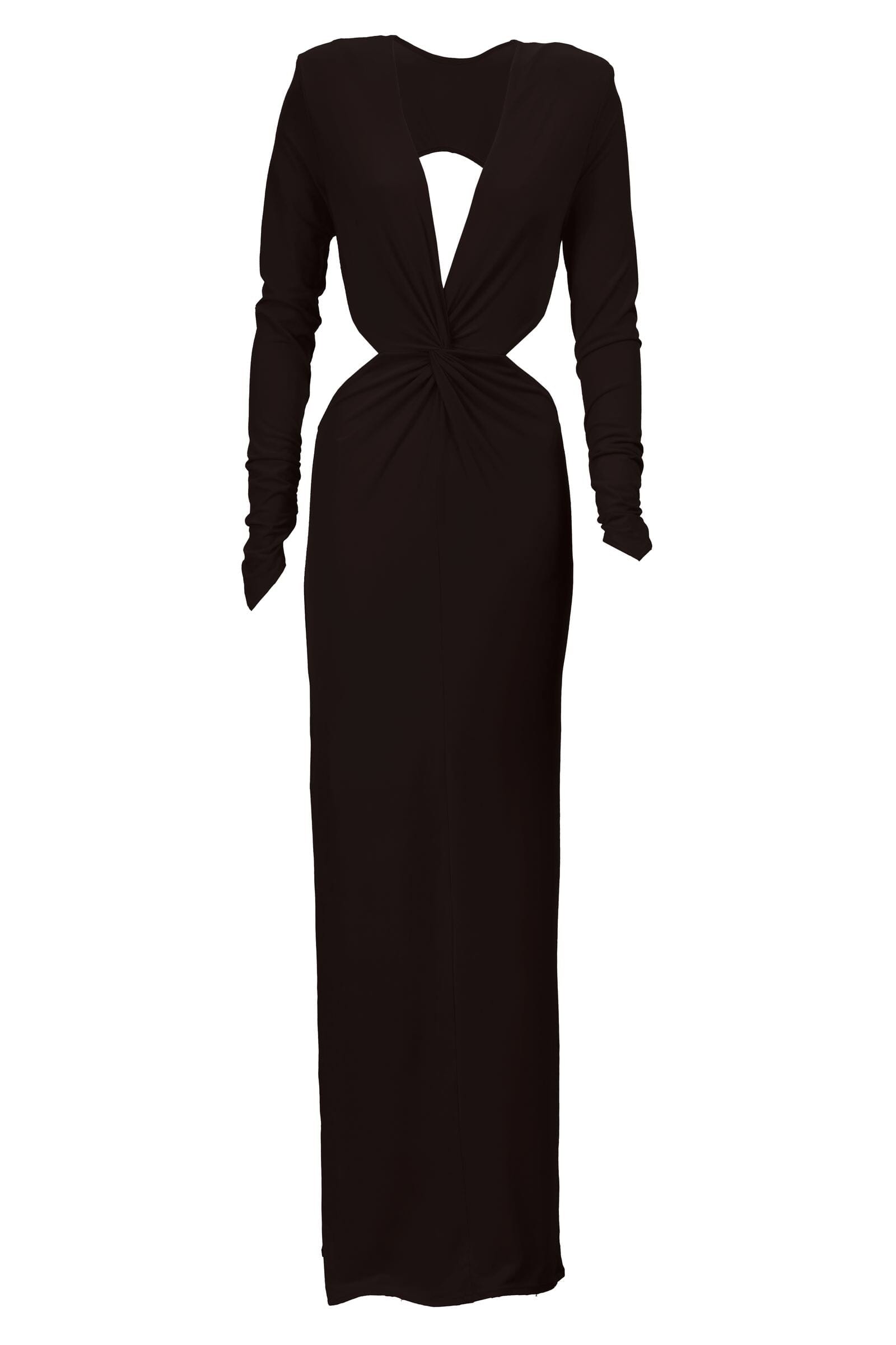 Black evening gown with long sleeves on a white background