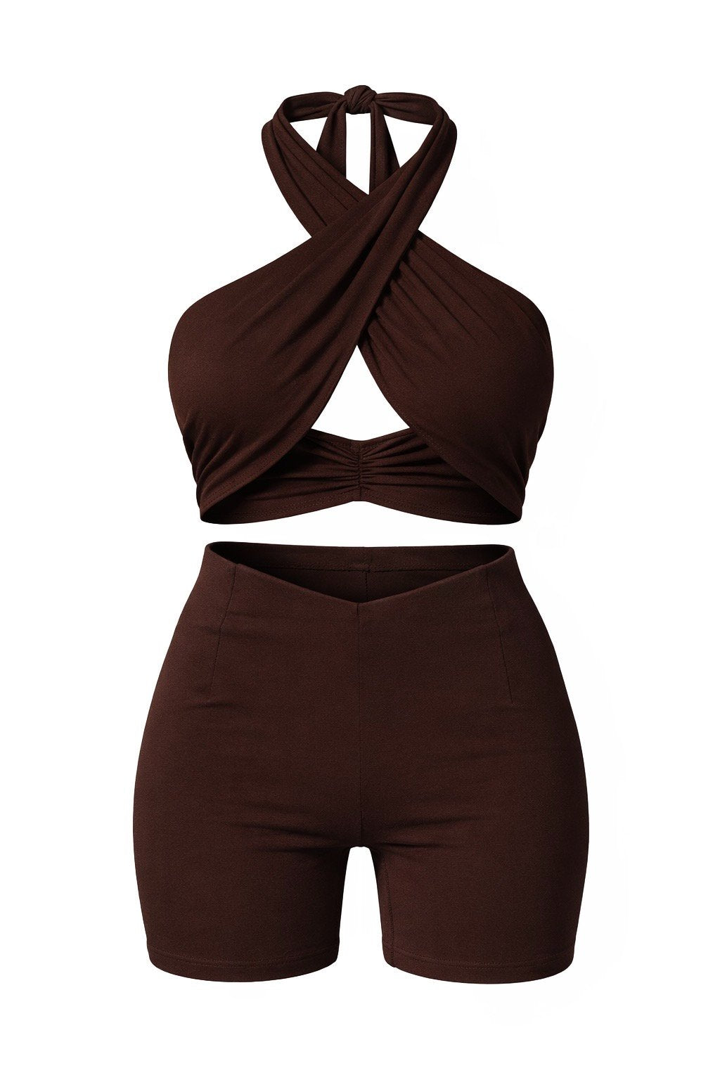 Brown two-piece outfit with a halter top and shorts on a white background