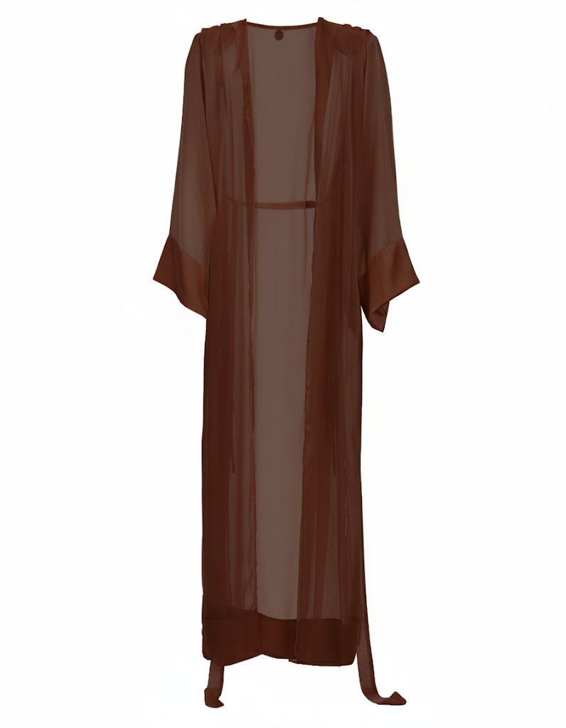 Brown sheer dress with long sleeves on a white background