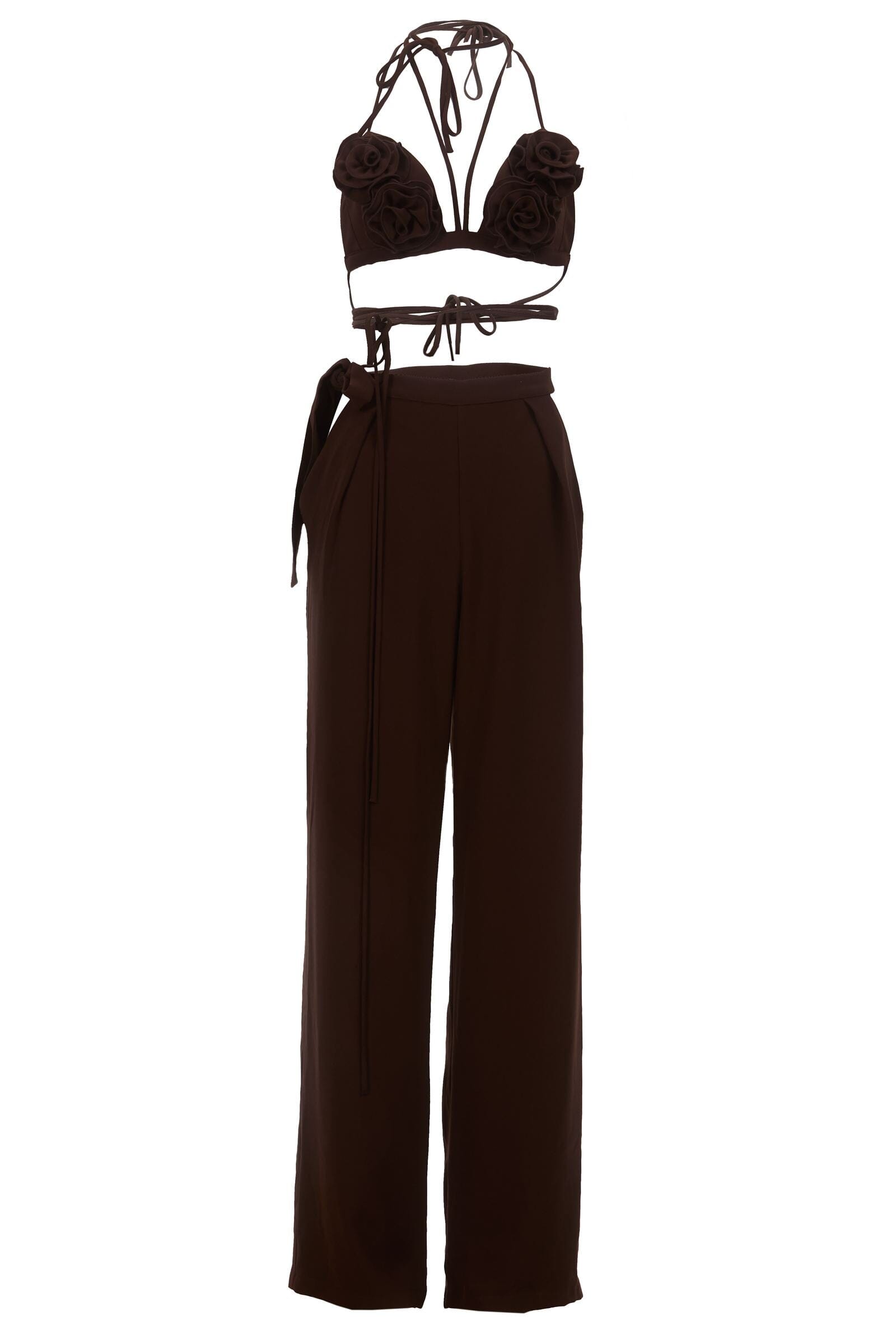 Brown two-piece outfit with a top and wide-leg pants on a white background