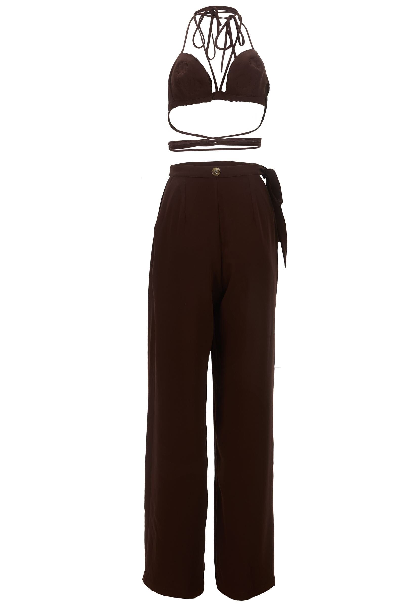 Brown bikini top and wide-leg pants on a white background