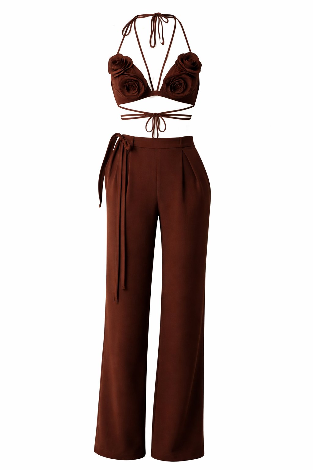 Brown halter top and wide-leg pants set on a white background