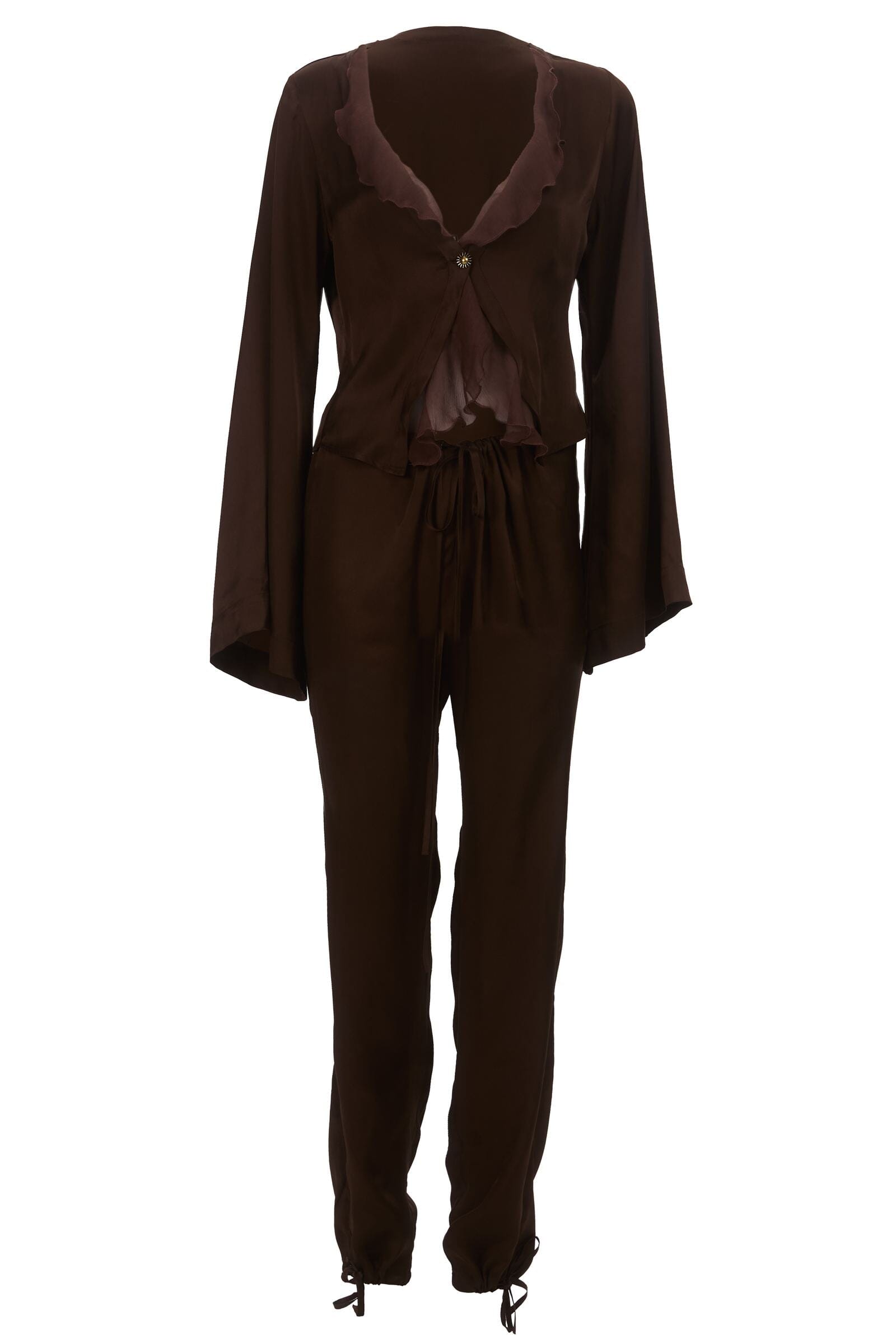 Brown outfit with a jacket and pants on a white background