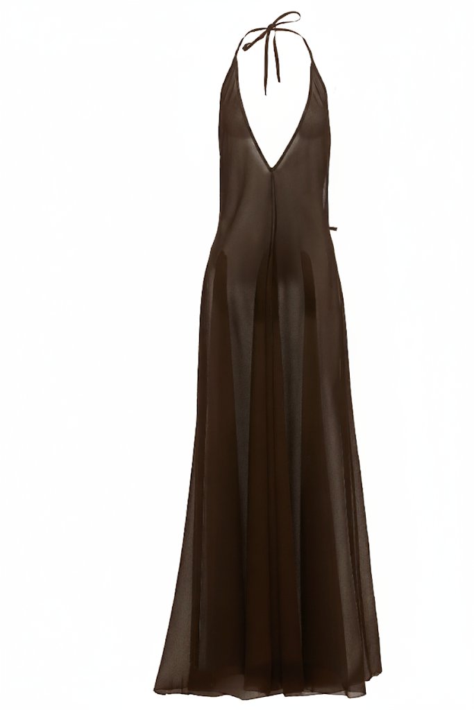 Brown halter neck dress on a white background