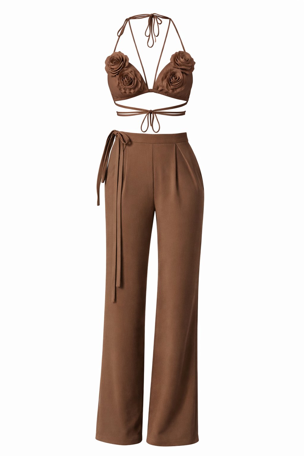 Capuccino two-piece outfit with a halter top and wide-leg pants on a white background