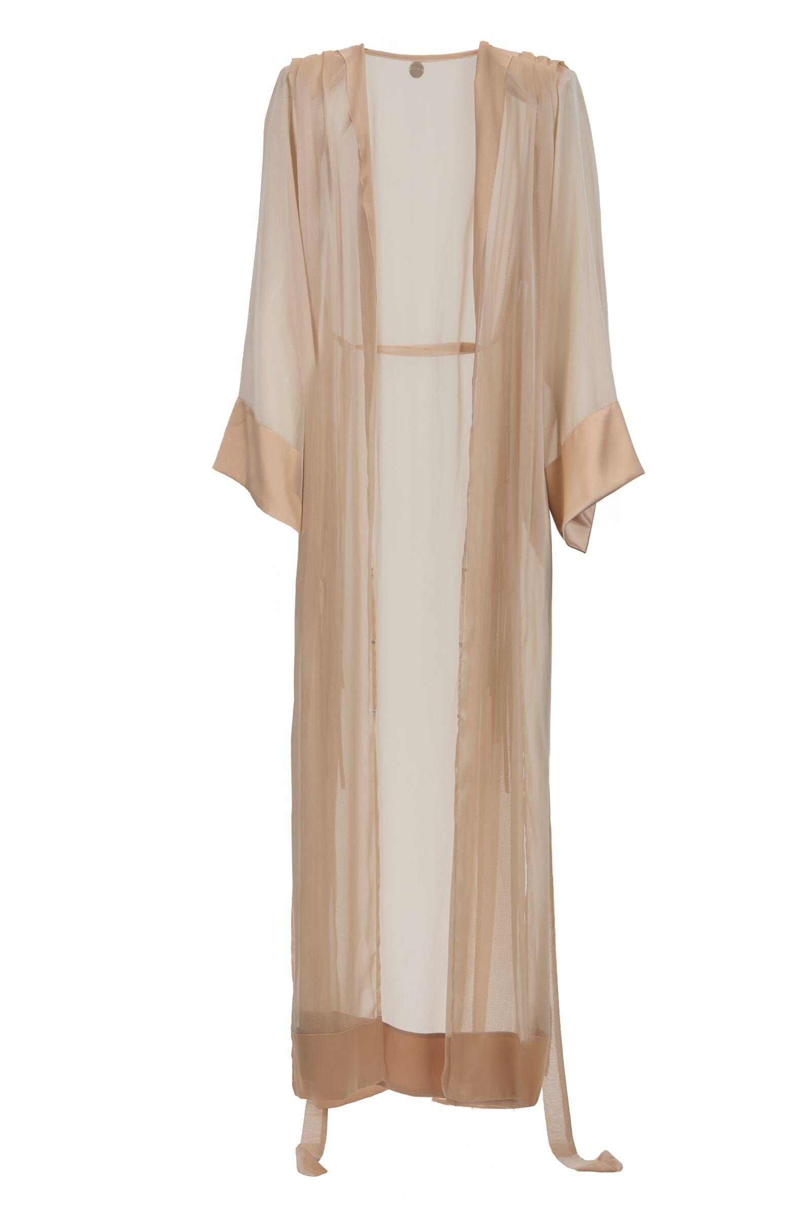 Beige and white sheer dress with long sleeves on a white background