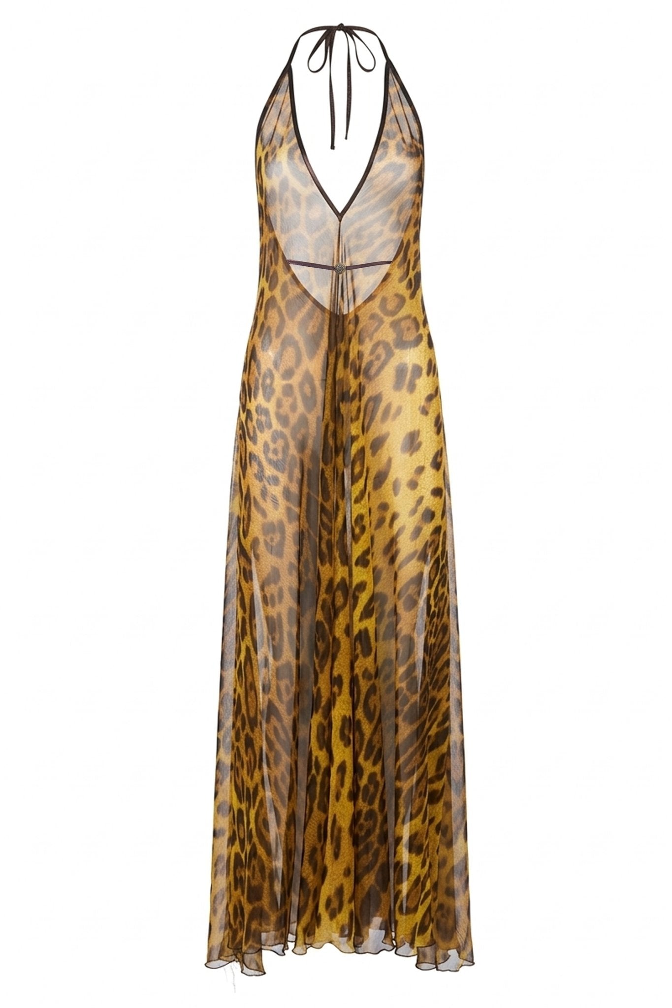 Leopard print halter neck dress on a white background