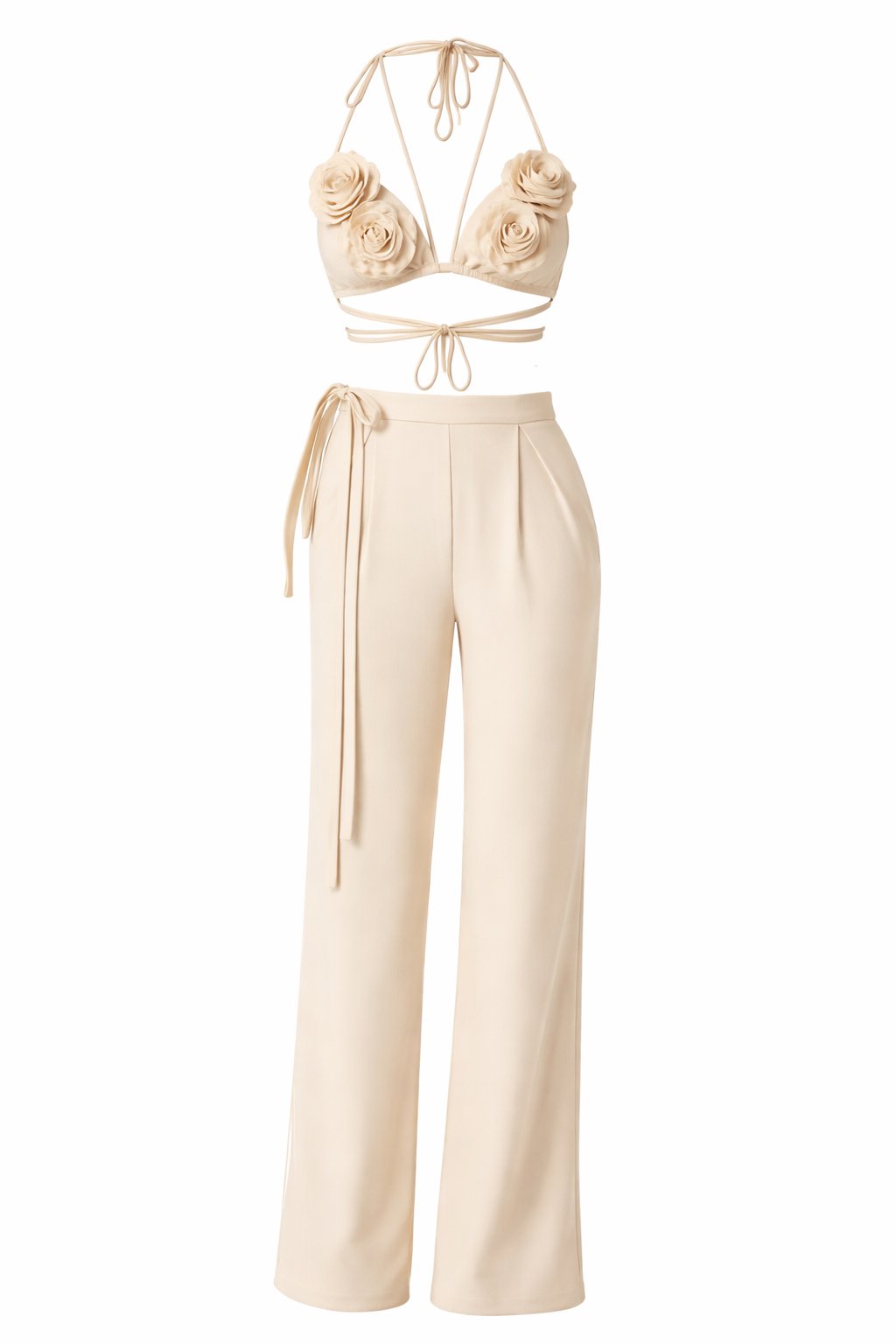 Beige floral top and wide-leg pants set on a white background