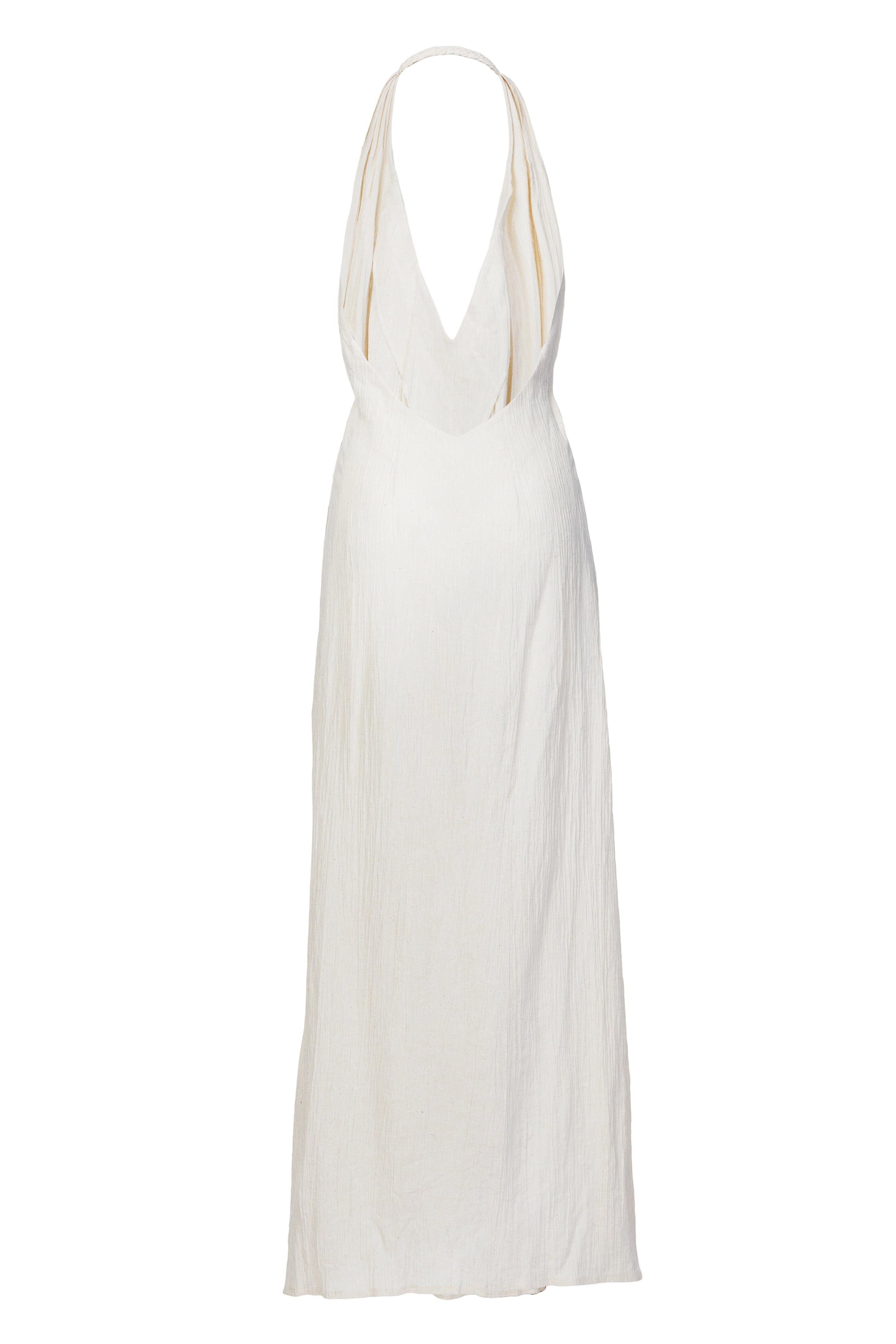 Ecru halter neck dress on a white background